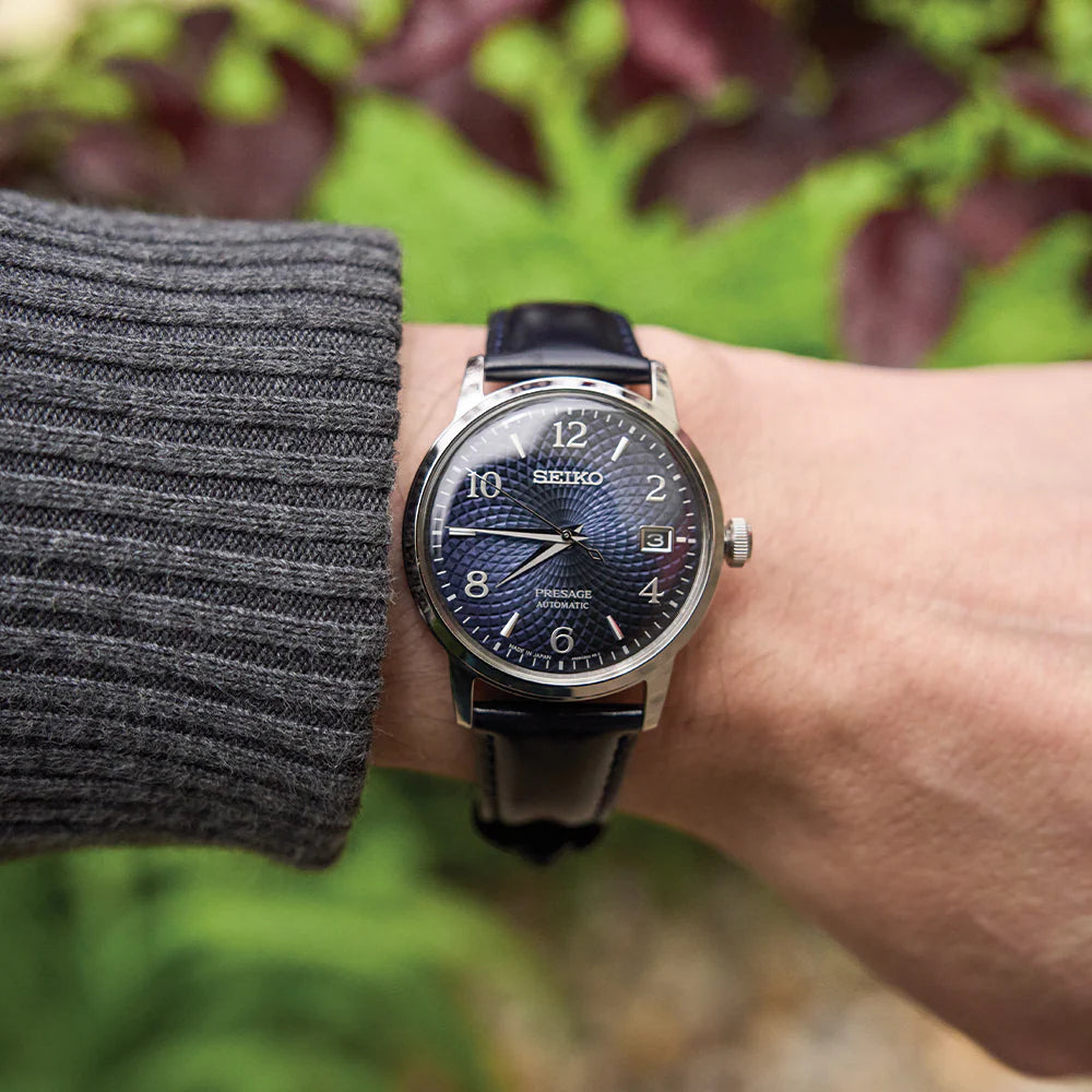 Seiko Presage SRPE43 - 38.5mm Stainless Steel Cocktail Time Watch, Deep Blue Dial, 50m Water Resistance, Automatic Movement, Blue Leather Strap