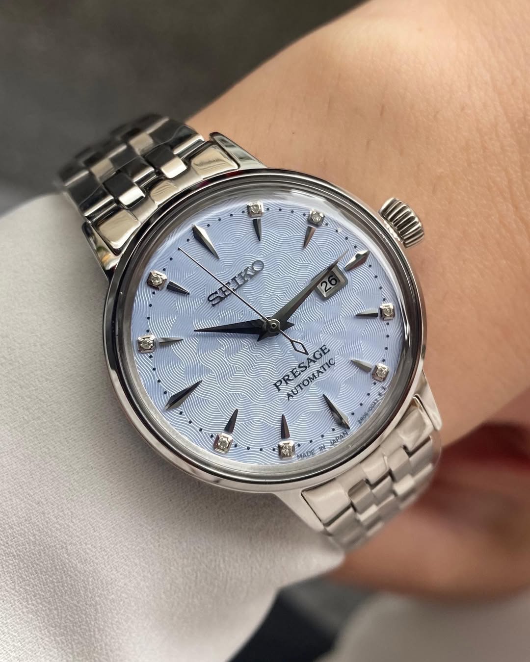Seiko Presage SRE007 - 30.3mm Stainless Steel Cocktail Time Watch, Light Blue Dial with 8 Diamonds, 50m Water Resistance, Automatic Movement