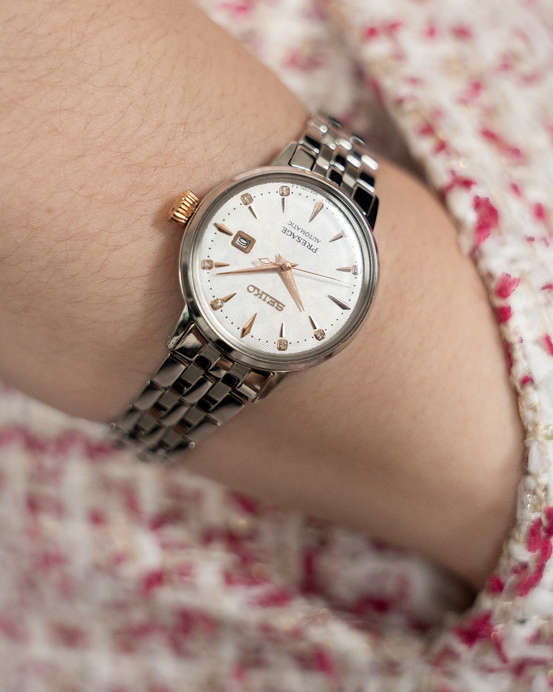 Seiko Presage SRE009 - 30.3mm Stainless Steel Cocktail Time Watch, White Dial with 8 Diamonds, Rose Gold-Tone Markers, 50m Water Resistance, Automatic Movement