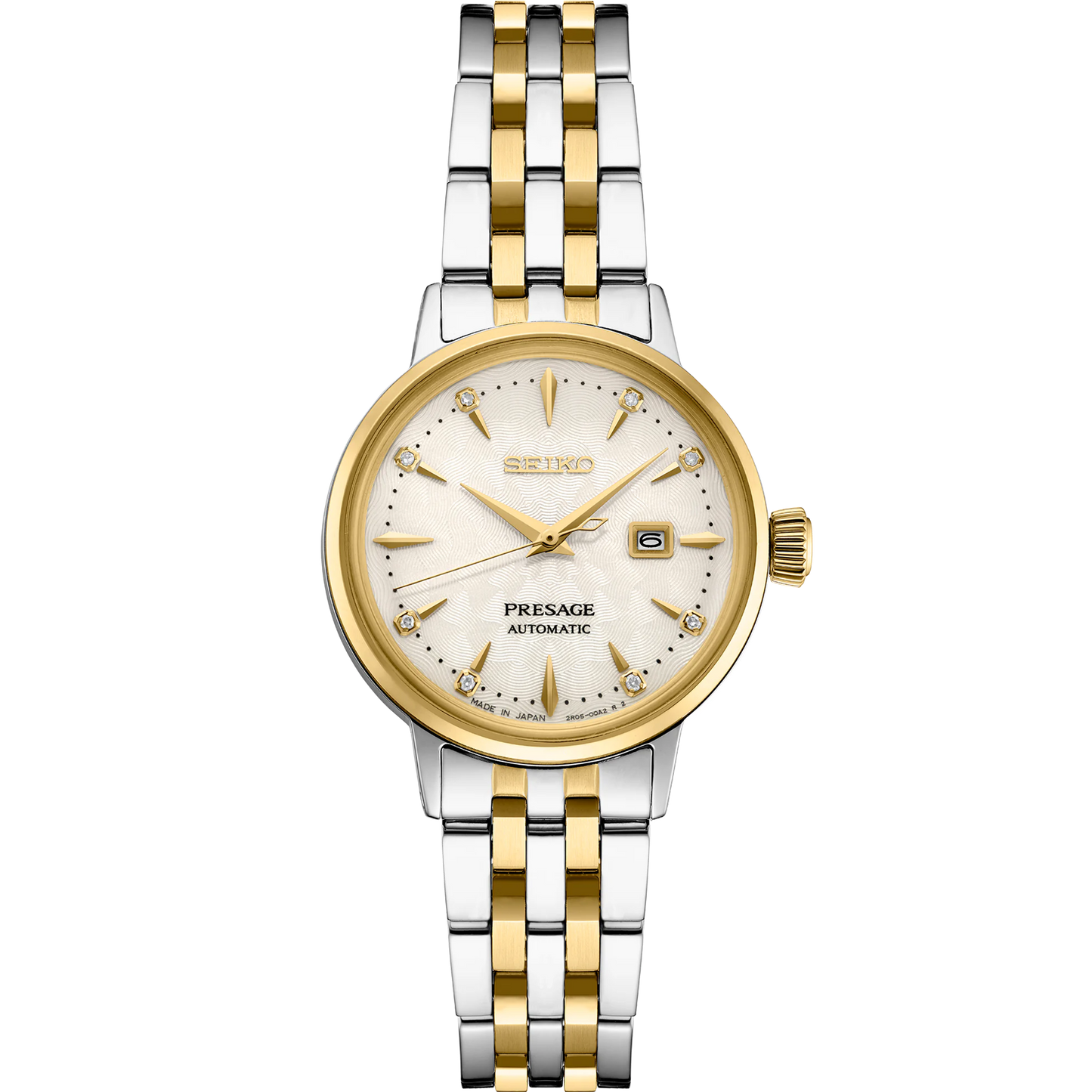 Seiko Presage SRE010 - 30.3mm Two-Tone Stainless Steel Cocktail Time Watch, Champagne Dial with 8 Diamonds, Gold-Tone Markers, 50m Water Resistance, Automatic Movement