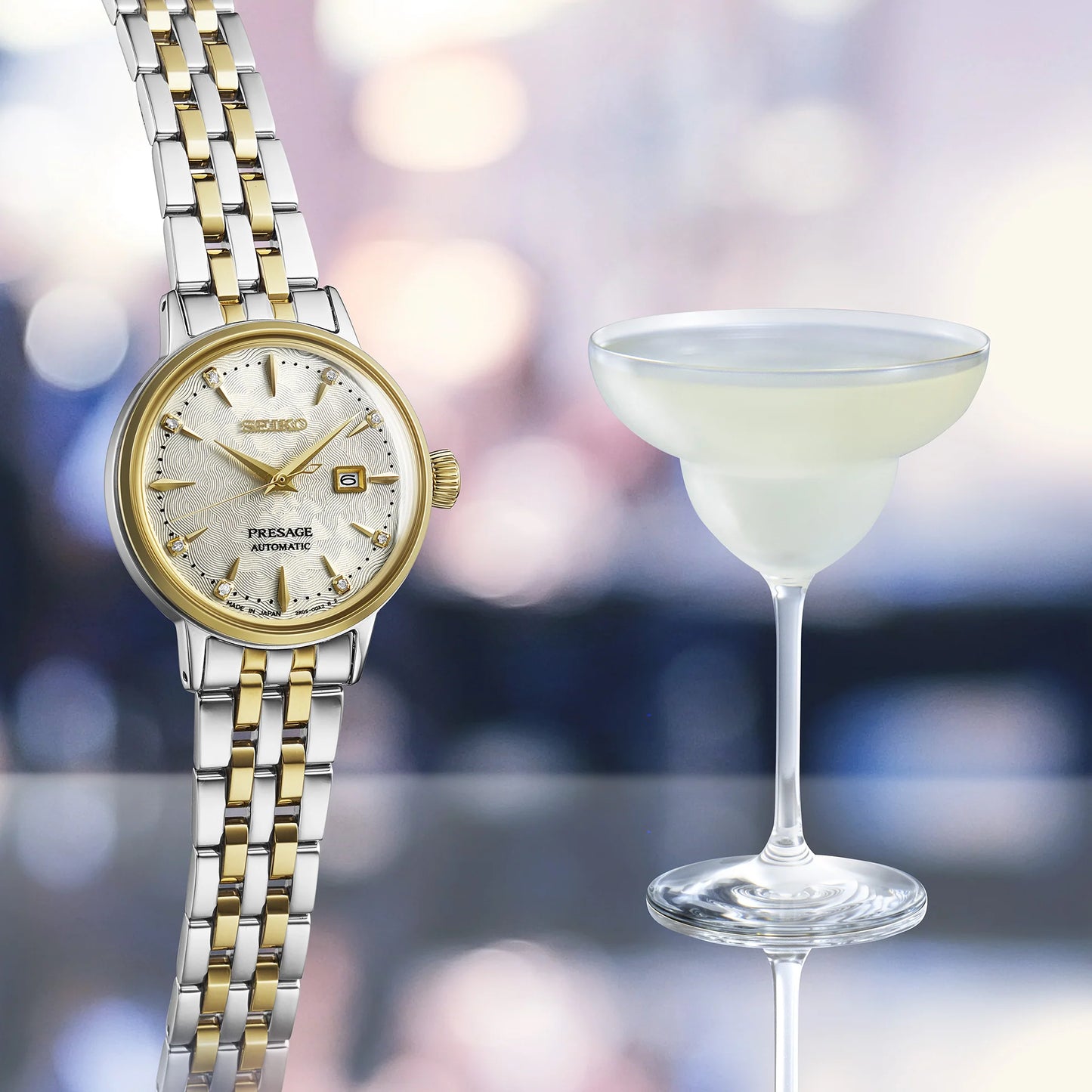 Seiko Presage SRE010 - 30.3mm Two-Tone Stainless Steel Cocktail Time Watch, Champagne Dial with 8 Diamonds, Gold-Tone Markers, 50m Water Resistance, Automatic Movement