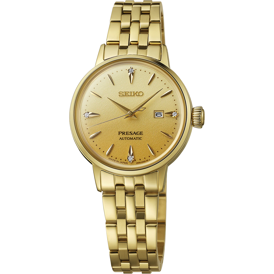 Seiko Presage Cocktail Time SRE018 women’s automatic watch inspired by the Eggnog cocktail. Features a 30.1 mm stainless steel case with gold finish, golden pressed-pattern dial with four diamond hour markers, gold-tone hands, and a five-row gold bracelet. Powered by Caliber 2R05 automatic movement with 21 jewels, 40-hour power reserve, and manual winding. Includes box-shaped Hardlex crystal, date display at 3 o’clock, and 50-meter water resistance