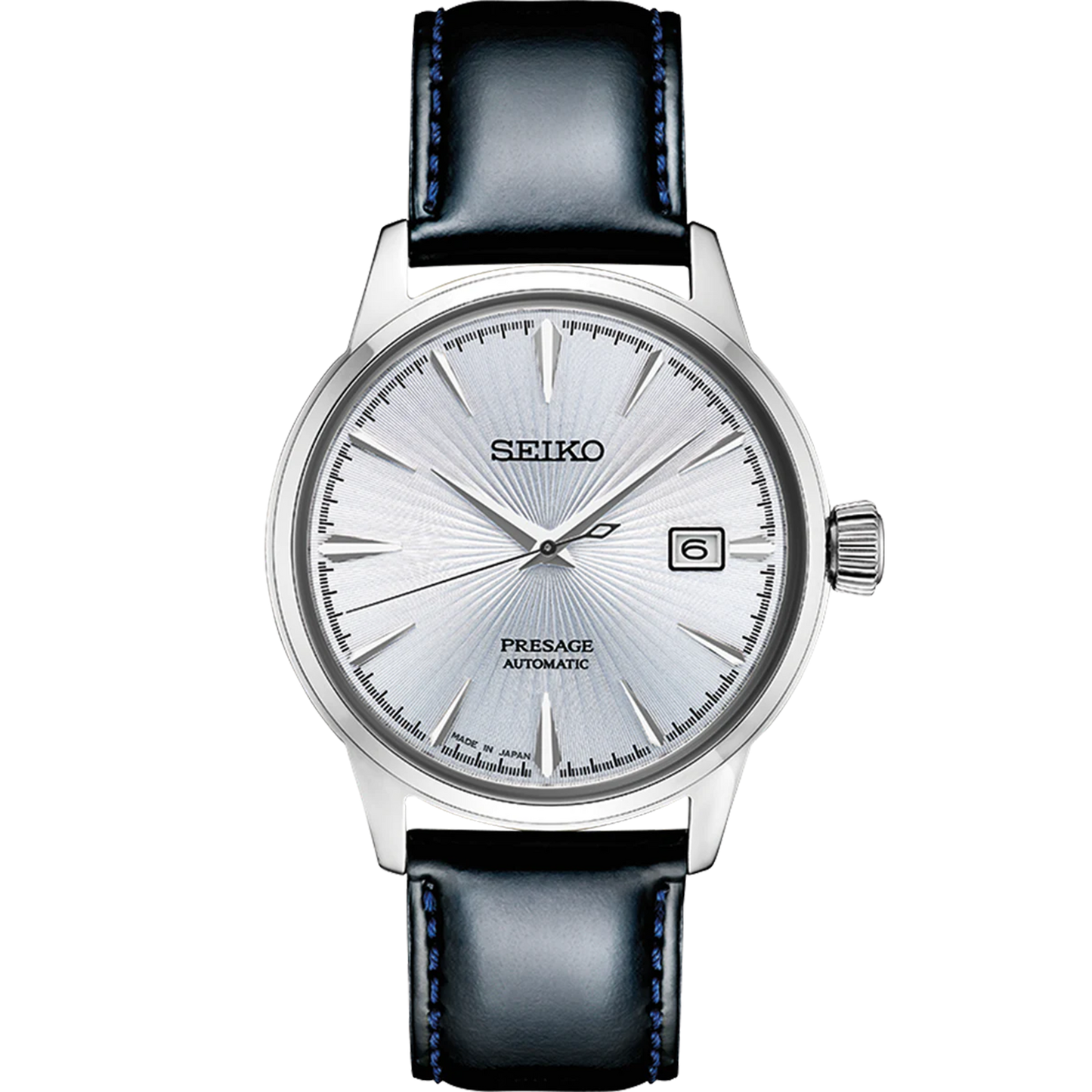 SEIKO Presage Cocktail Time – light blue dial with pressed pattern and gloss finish, black leather strap, automatic movement with 41-hour power reserve, and 50m water resistance.