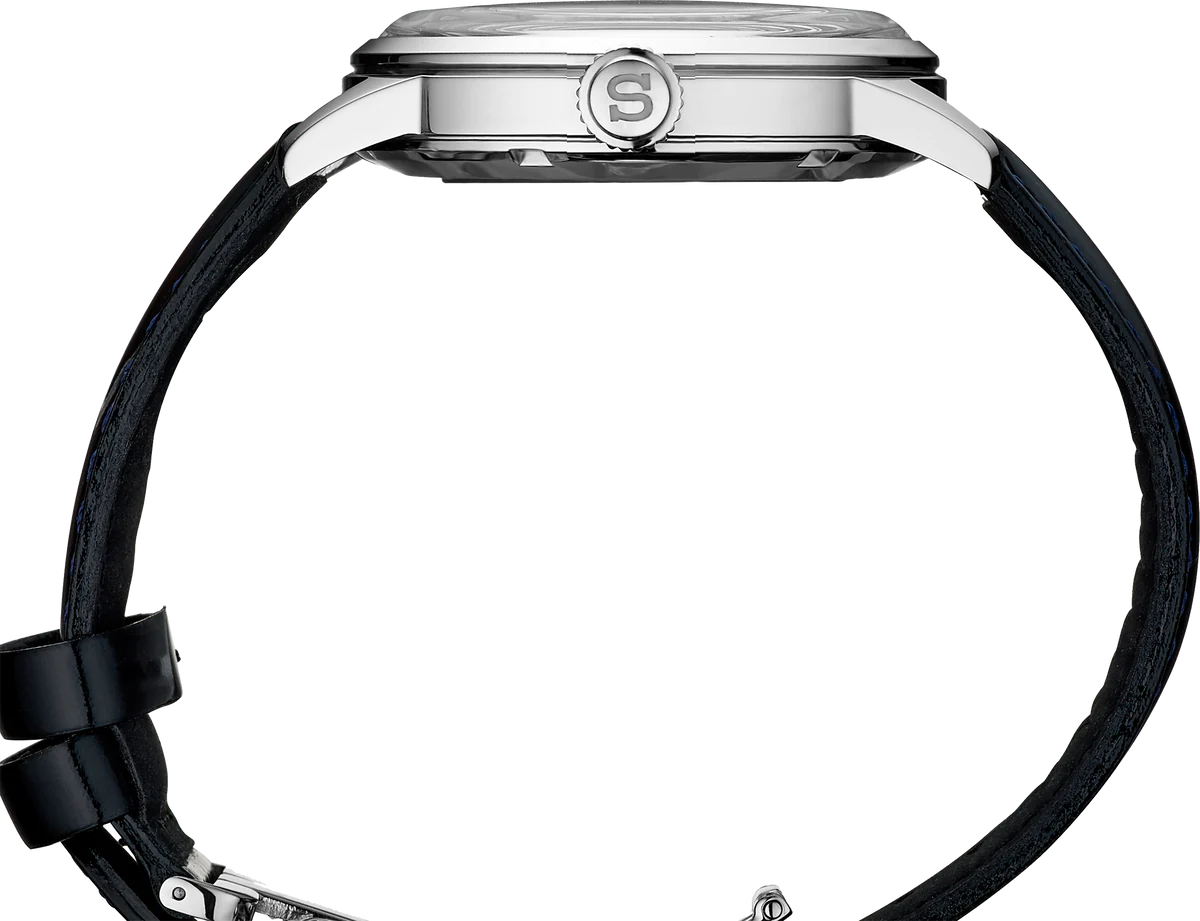 SEIKO Presage Cocktail Time – light blue dial with pressed pattern and gloss finish, black leather strap, automatic movement with 41-hour power reserve, and 50m water resistance.