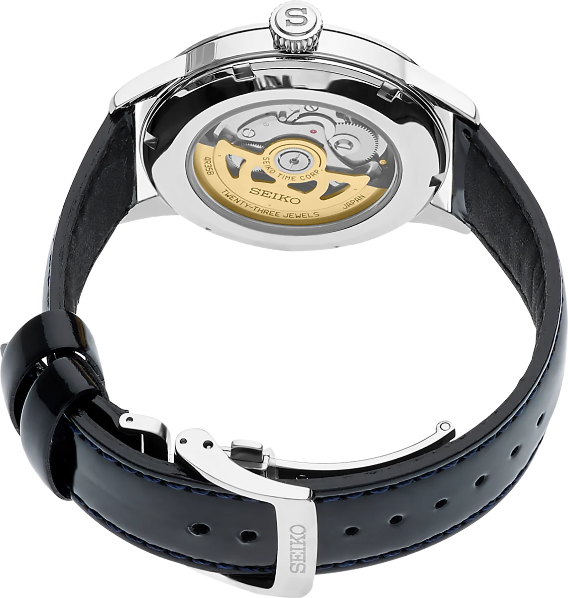 SEIKO Presage Cocktail Time – light blue dial with pressed pattern and gloss finish, black leather strap, automatic movement with 41-hour power reserve, and 50m water resistance.