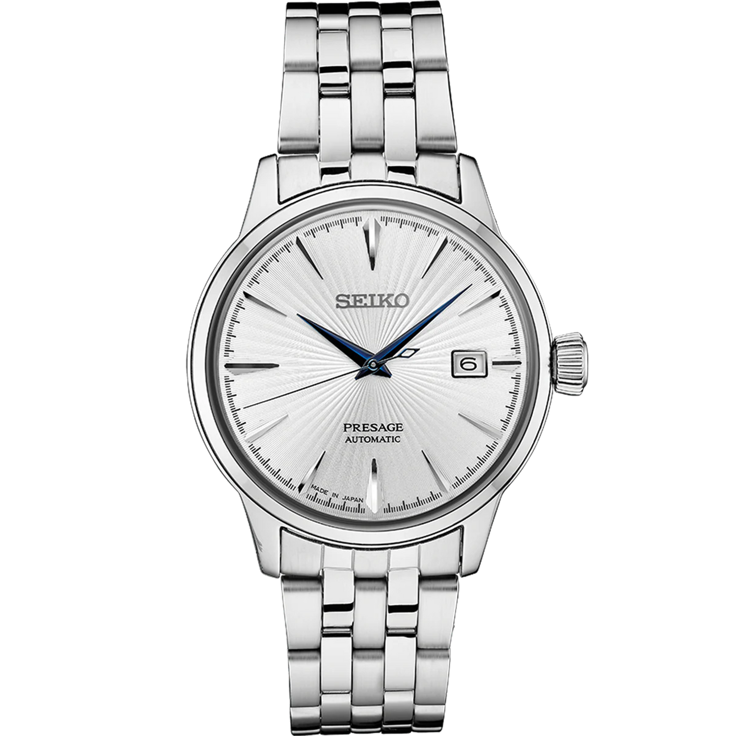 SEIKO SRPB77 Presage Cocktail Time – silver dial with pressed pattern and gloss finish, blue hands, stainless steel case and bracelet, automatic movement, and 50m water resistance.