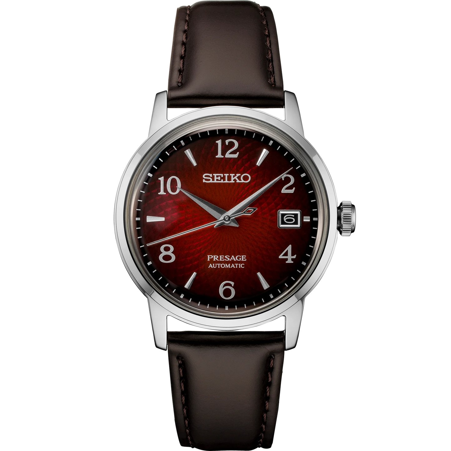 Seiko Presage SRPE41 - 38.5mm Stainless Steel Cocktail Time Watch, Deep Red Dial, 50m Water Resistance, Automatic Movement, Brown Leather Strap