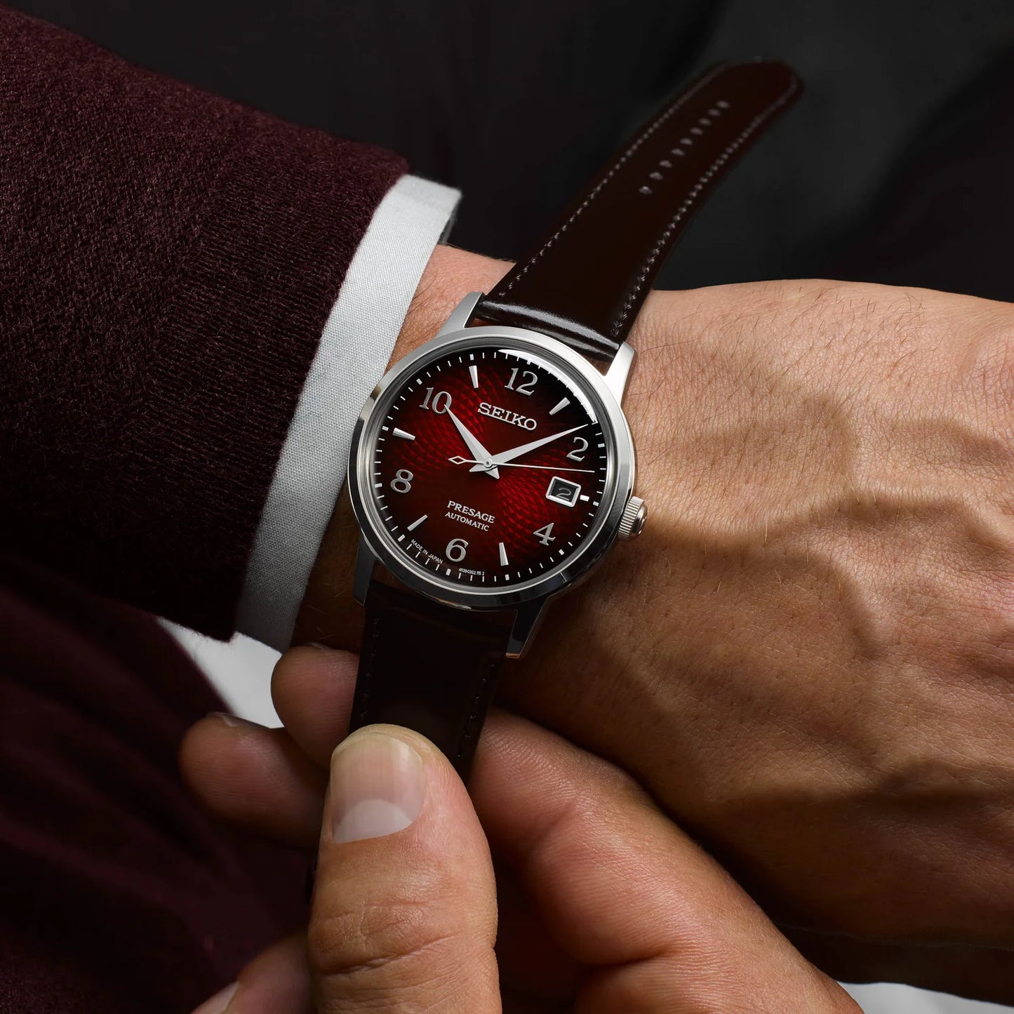 Seiko Presage SRPE41 - 38.5mm Stainless Steel Cocktail Time Watch, Deep Red Dial, 50m Water Resistance, Automatic Movement, Brown Leather Strap