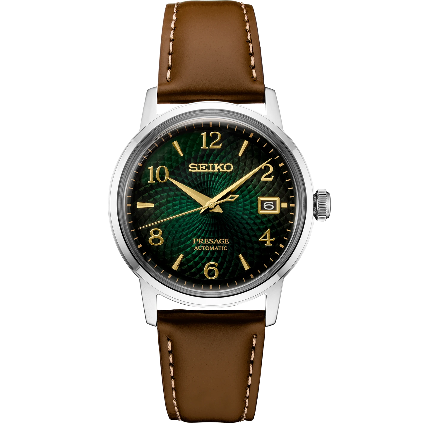 Seiko Presage SRPE45 - 38.5mm Stainless Steel Cocktail Time Watch, Gradient Green Dial, 50m Water Resistance, Automatic Movement, Tan Leather Strap