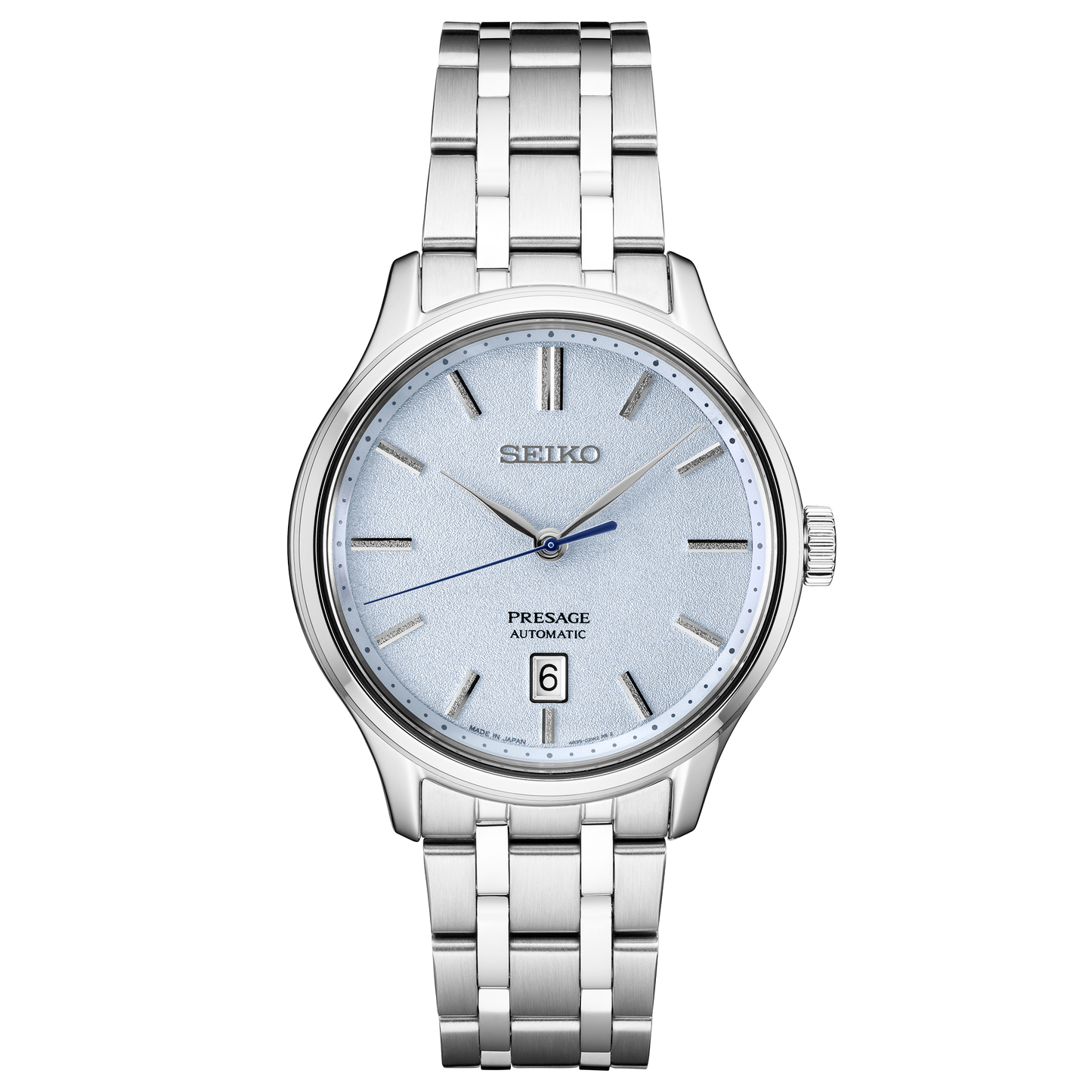 SEIKO Presage Japanese Garden Collection – light blue dial with paving stone texture, blue second hand, stainless steel case and bracelet, automatic movement, sapphire crystal, and 30m water resistance