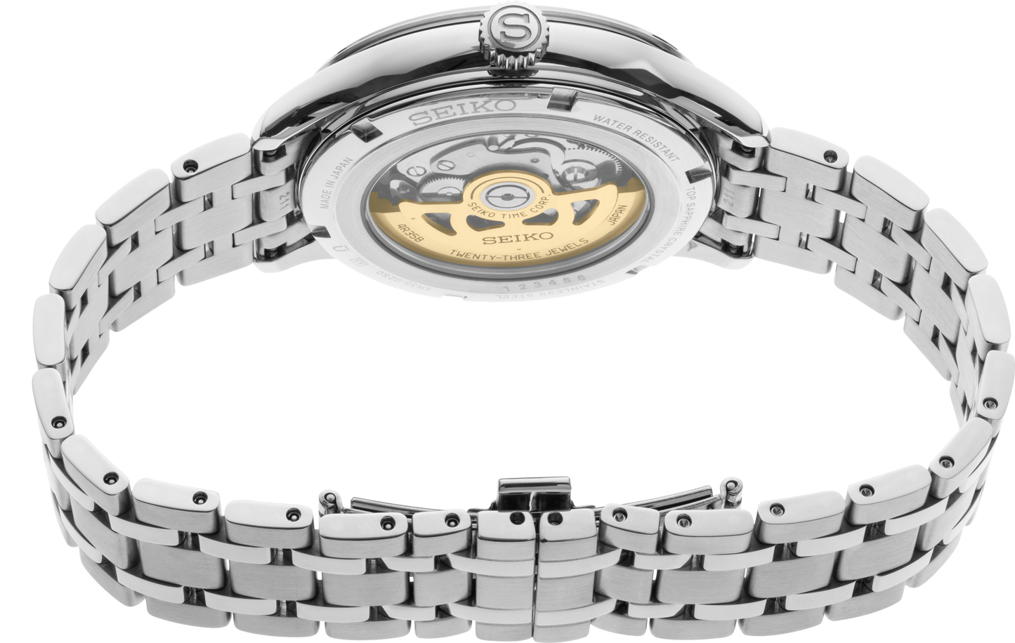 SEIKO Presage Japanese Garden Collection – light blue dial with paving stone texture, blue second hand, stainless steel case and bracelet, automatic movement, sapphire crystal, and 30m water resistance