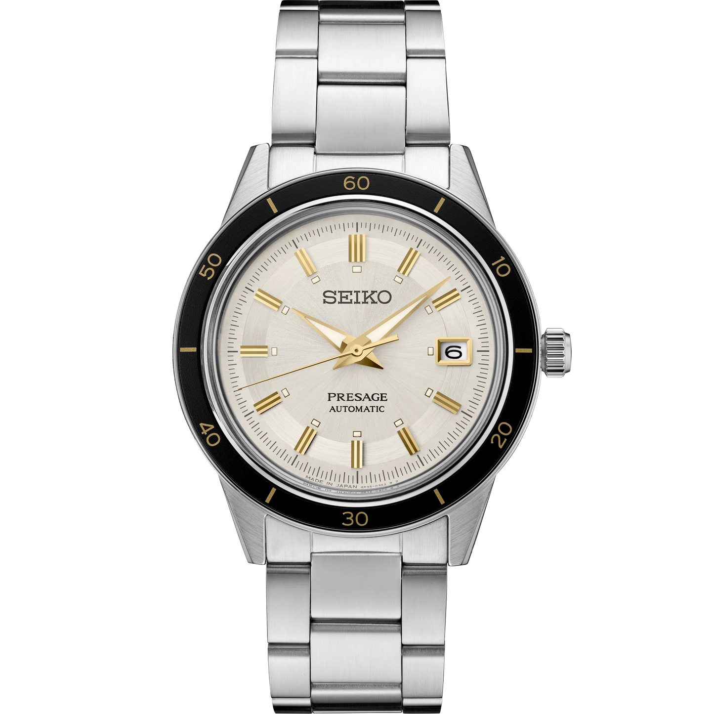 SEIKO SRPG03 Presage Style60's Automatic Watch – Ivory Dial, Black Bezel with Gold Accents, Inspired by 1964 Crown Chronograph