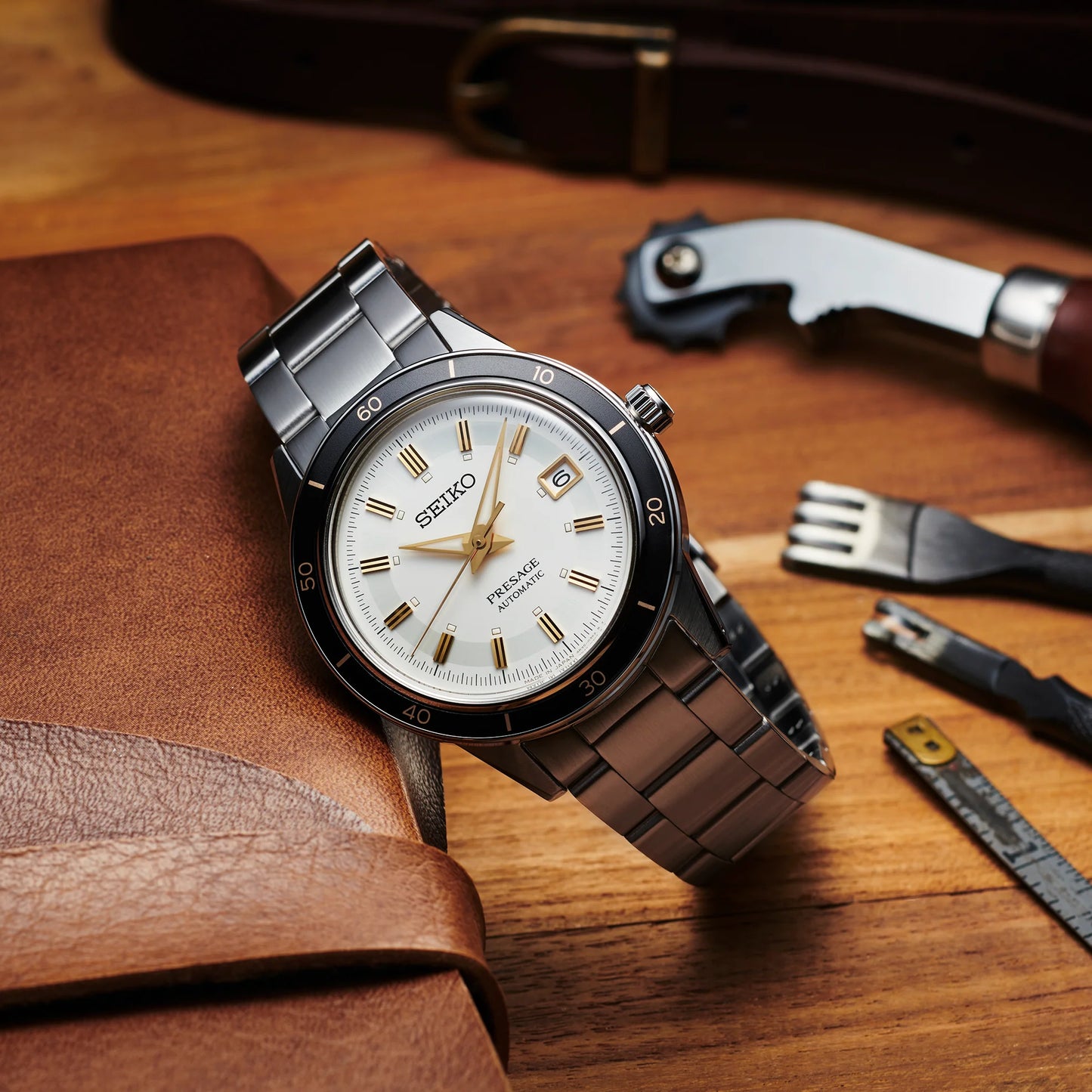 SEIKO SRPG03 Presage Style60's Automatic Watch – Ivory Dial, Black Bezel with Gold Accents, Inspired by 1964 Crown Chronograph