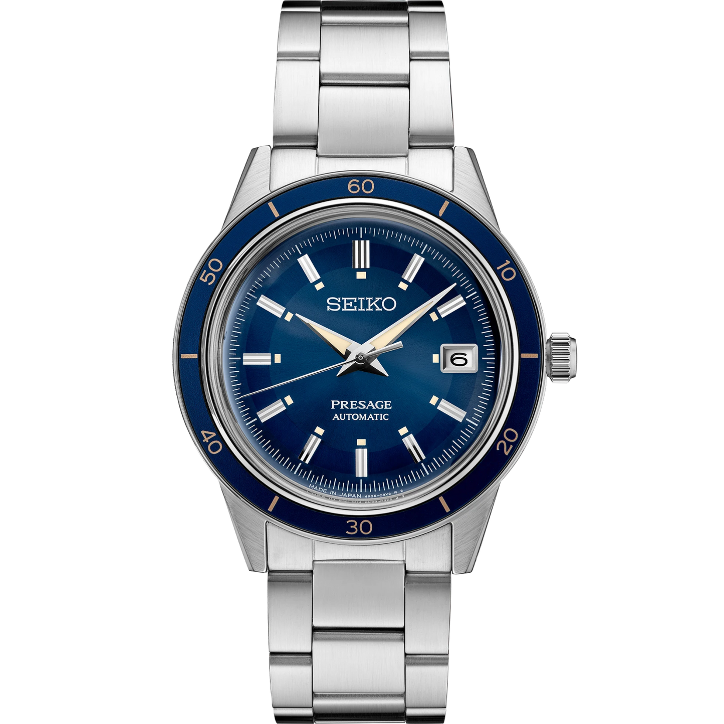 SEIKO SRPG05 from the Presage Style60’s Collection – blue sunray dial with rose gold-accented bezel, beige LumiBrite hands, stainless steel bracelet, automatic 23-jewel movement, and 50m water resistance.