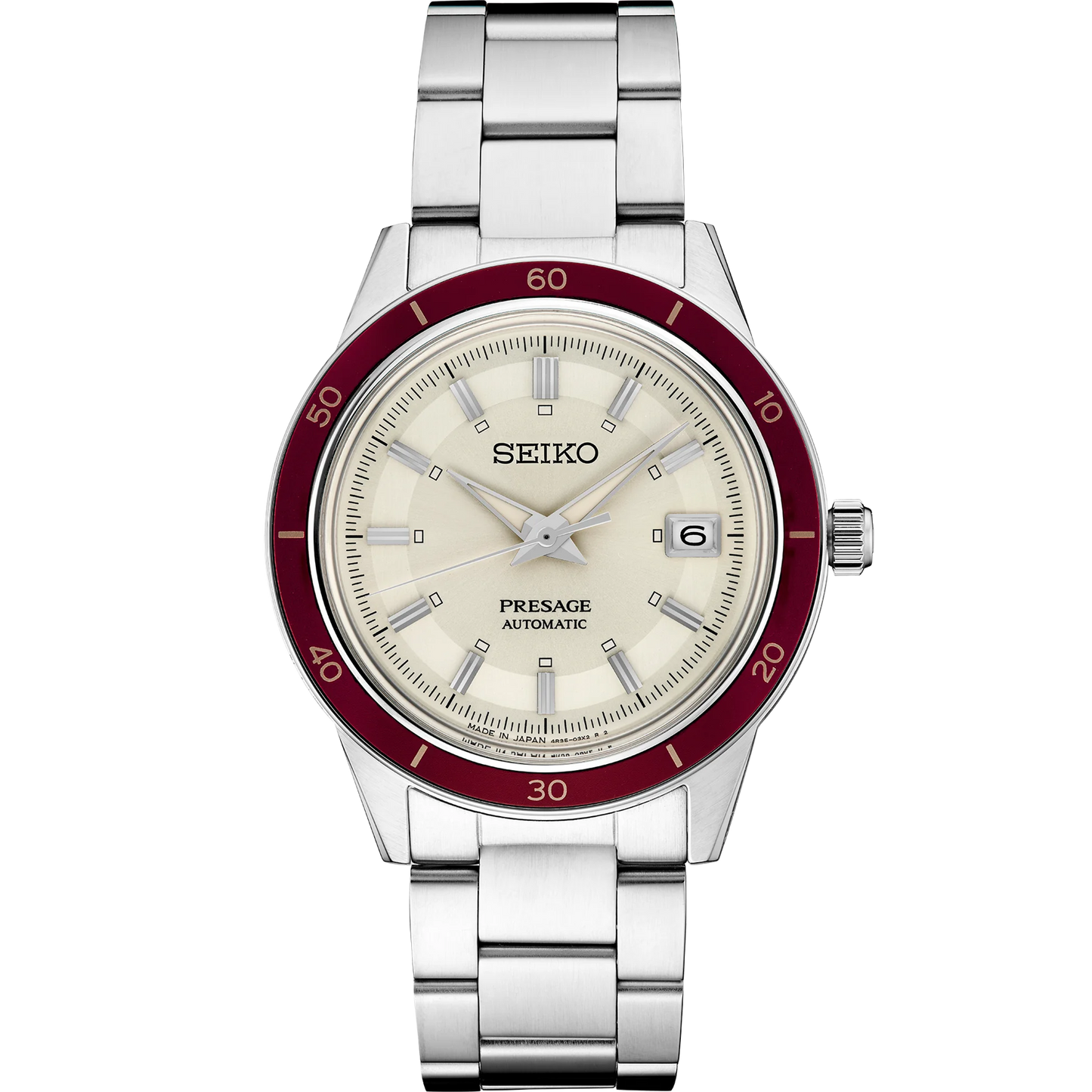 SEIKO SRPH93 from the Presage Style60’s Collection – ivory sunray dial, matte red bezel, stainless steel bracelet, automatic 23-jewel movement, and 50m water resistance.