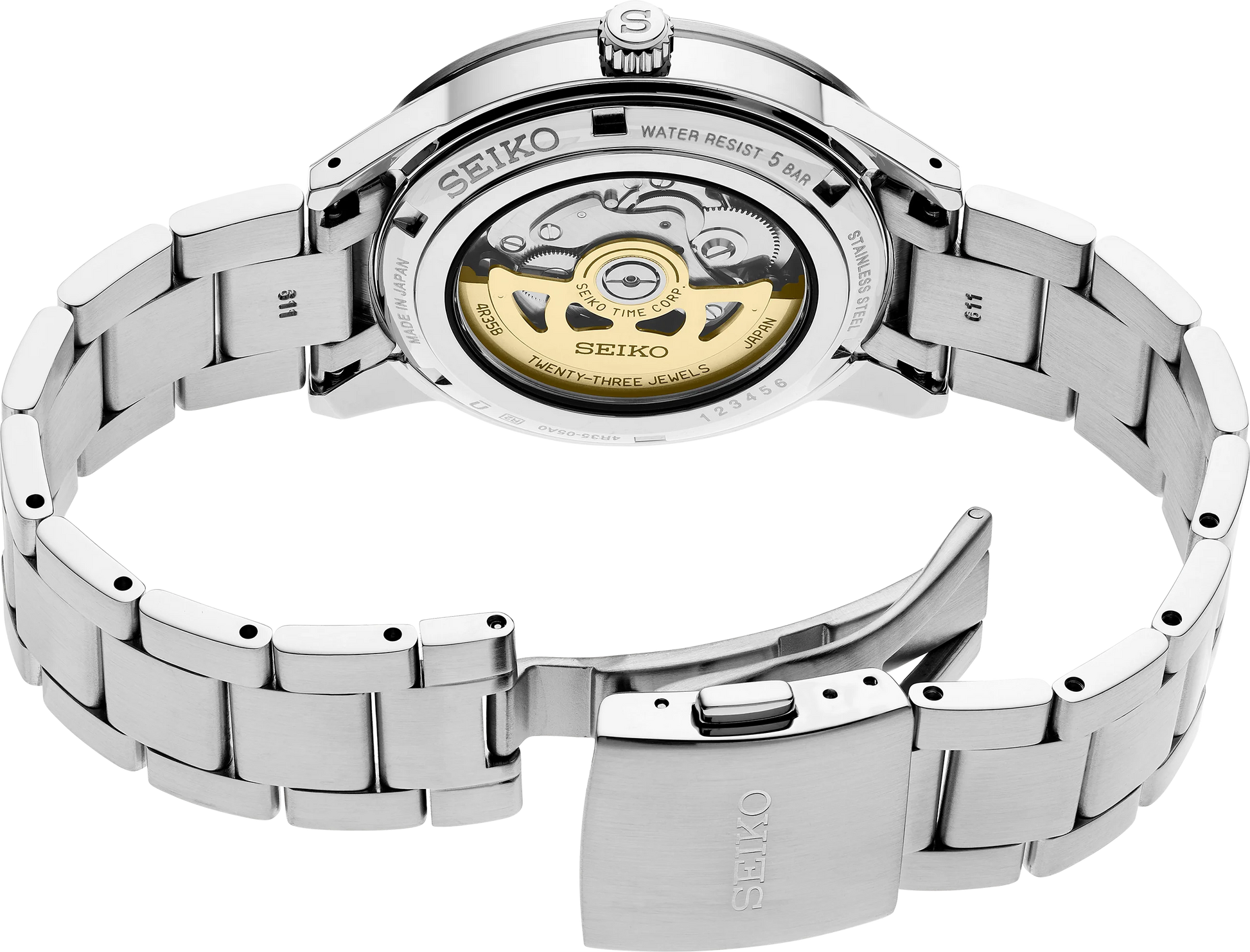 SEIKO SRPH93 from the Presage Style60’s Collection – ivory sunray dial, matte red bezel, stainless steel bracelet, automatic 23-jewel movement, and 50m water resistance.