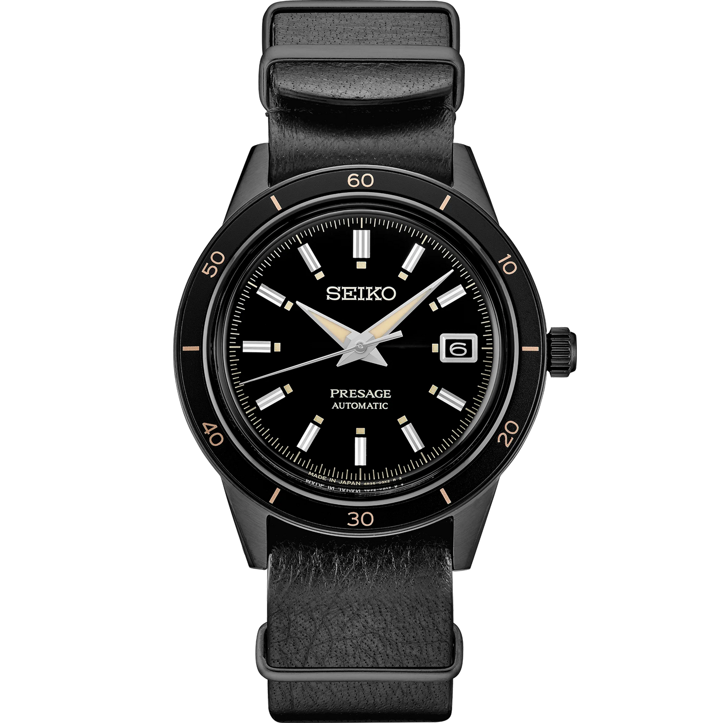 SEIKO SRPH95 from the Presage Style60’s Collection – black dial and bezel, beige LumiBrite hands, black deerskin strap, black hard-coated stainless steel case, automatic movement, and 50m water resistance.