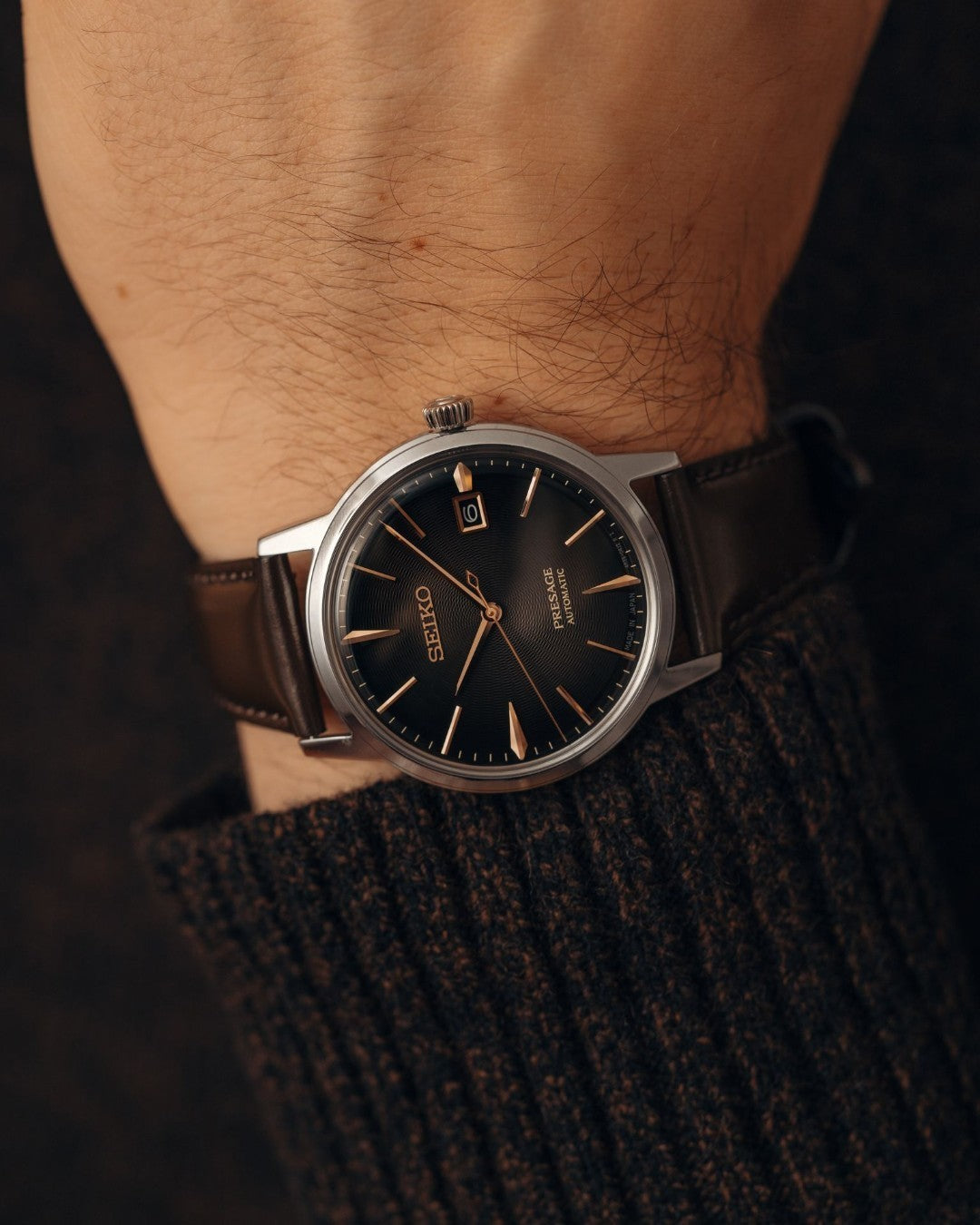 Seiko Presage SRPJ17 - 39.5mm Stainless Steel Cocktail Time Watch, Gradient Gray-Brown Dial, 50m Water Resistance, Automatic Movement, Brown Leather Strap
