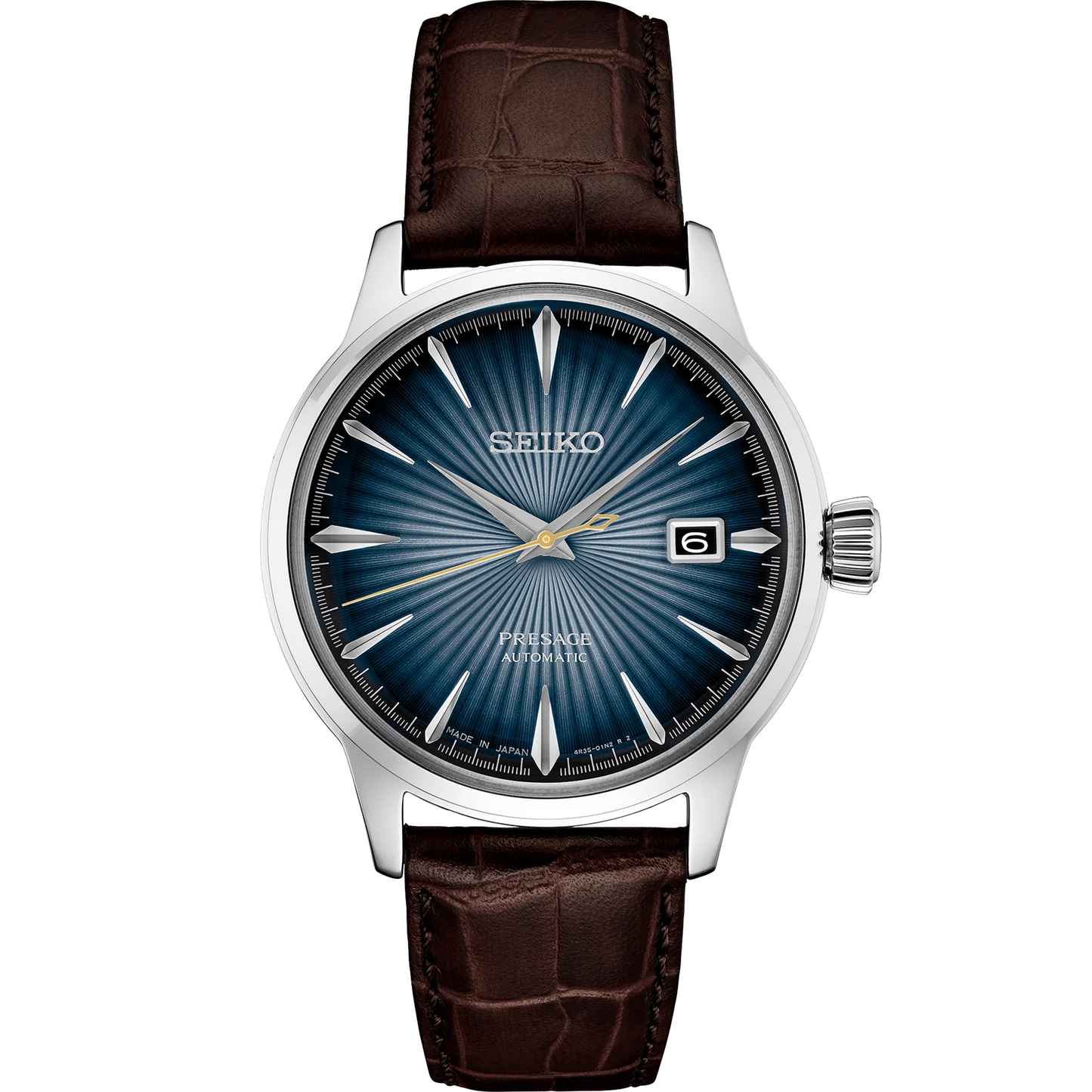 SEIKO Presage Cocktail Time – blue gradated dial inspired by the Blue Moon cocktail, stainless steel case, brown leather strap, automatic 23-jewel movement, and 50m water resistance.