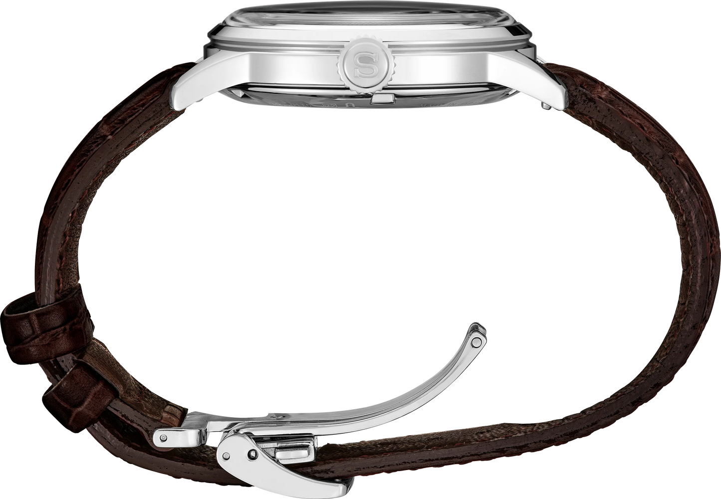 SEIKO Presage Cocktail Time – blue gradated dial inspired by the Blue Moon cocktail, stainless steel case, brown leather strap, automatic 23-jewel movement, and 50m water resistance.