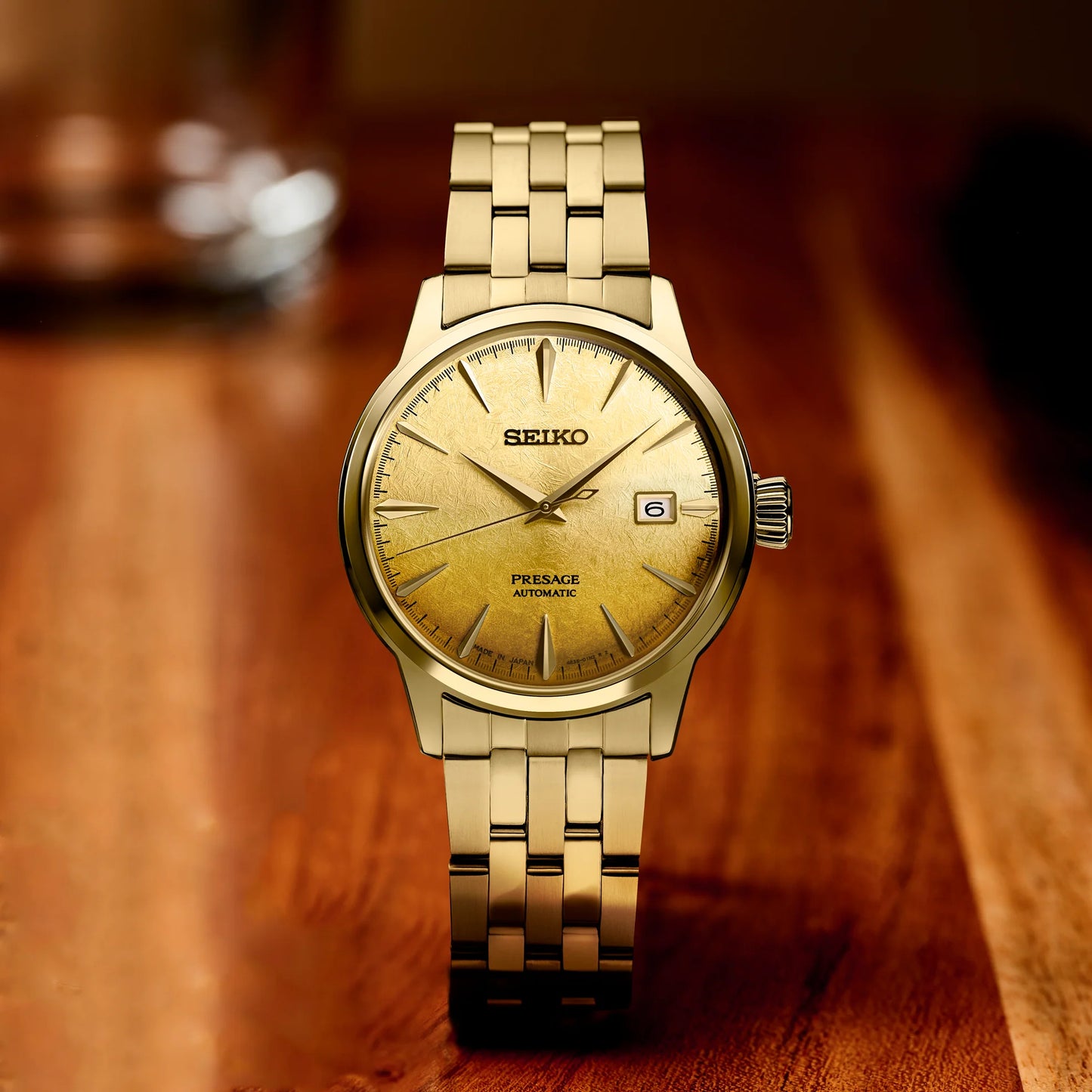 SEIKO SRPK46 Presage Cocktail Time U.S. Special Creation – Gold Dial Inspired by Beer Julep Cocktail, Automatic Watch with Gold Stainless Steel Bracelet