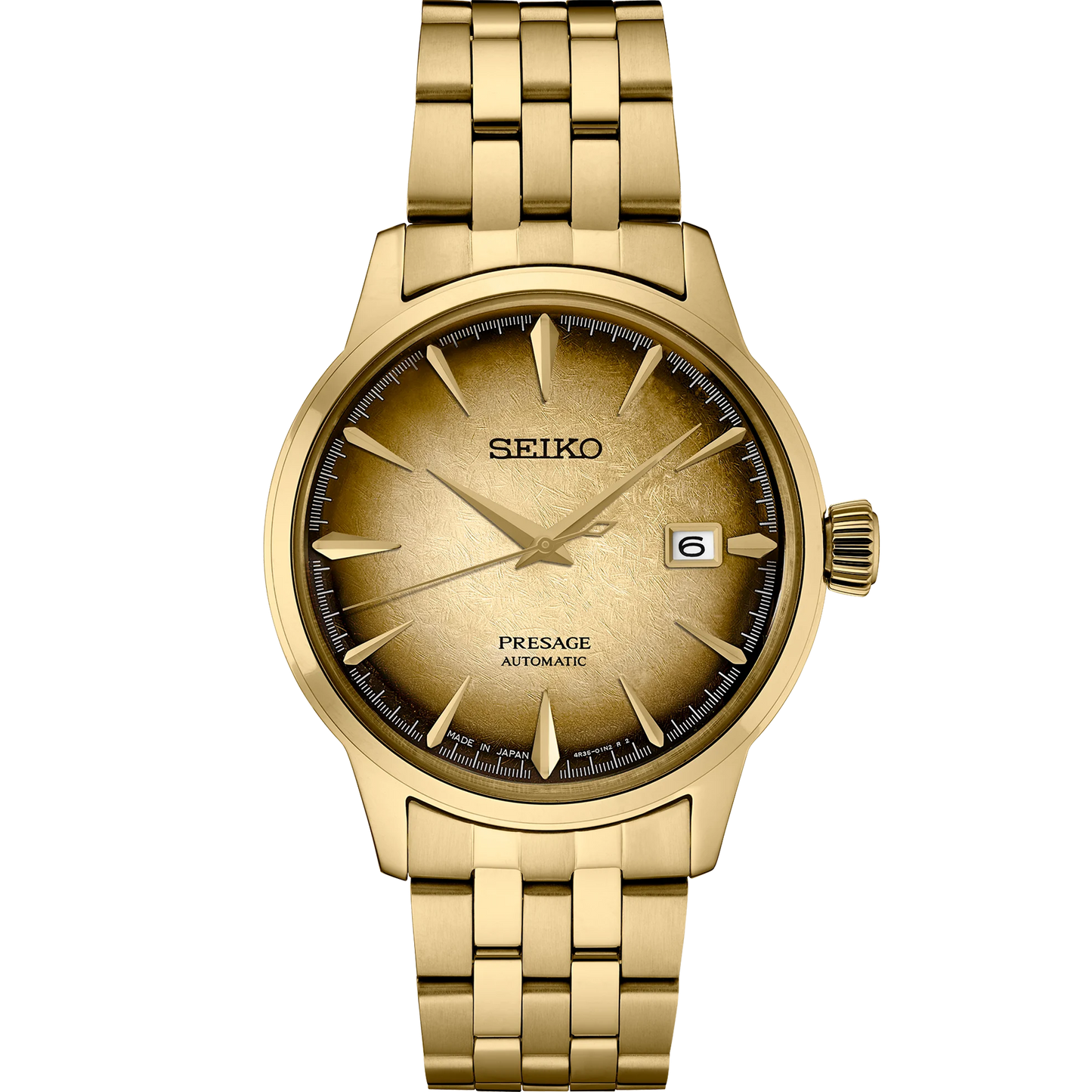 SEIKO Presage Cocktail Time U.S. Special Creation – gold-tone case and bracelet, brown and gold dial inspired by the Half and Half cocktail, automatic movement, and 50m water resistance.