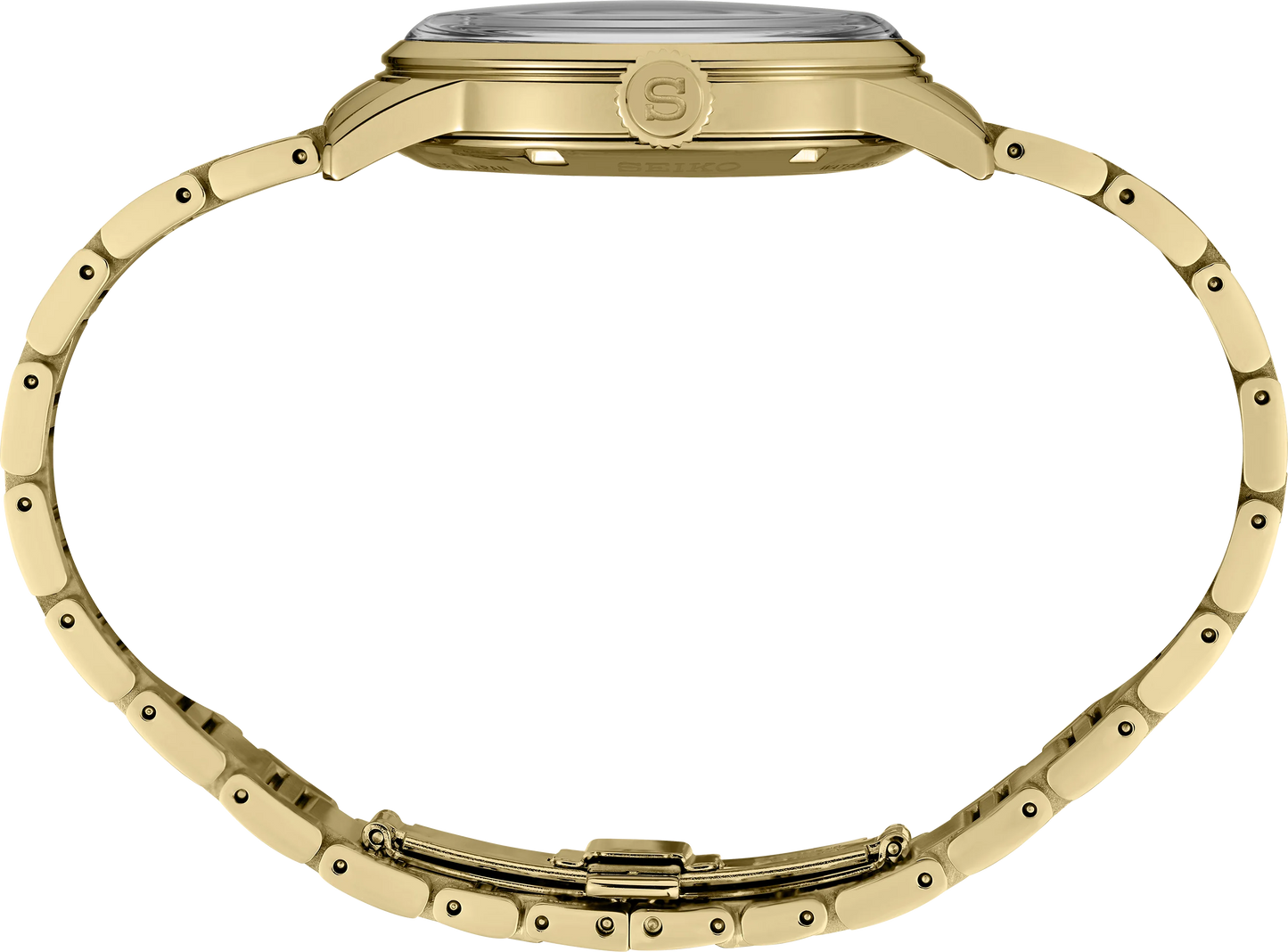 SEIKO Presage Cocktail Time U.S. Special Creation – gold-tone case and bracelet, brown and gold dial inspired by the Half and Half cocktail, automatic movement, and 50m water resistance.