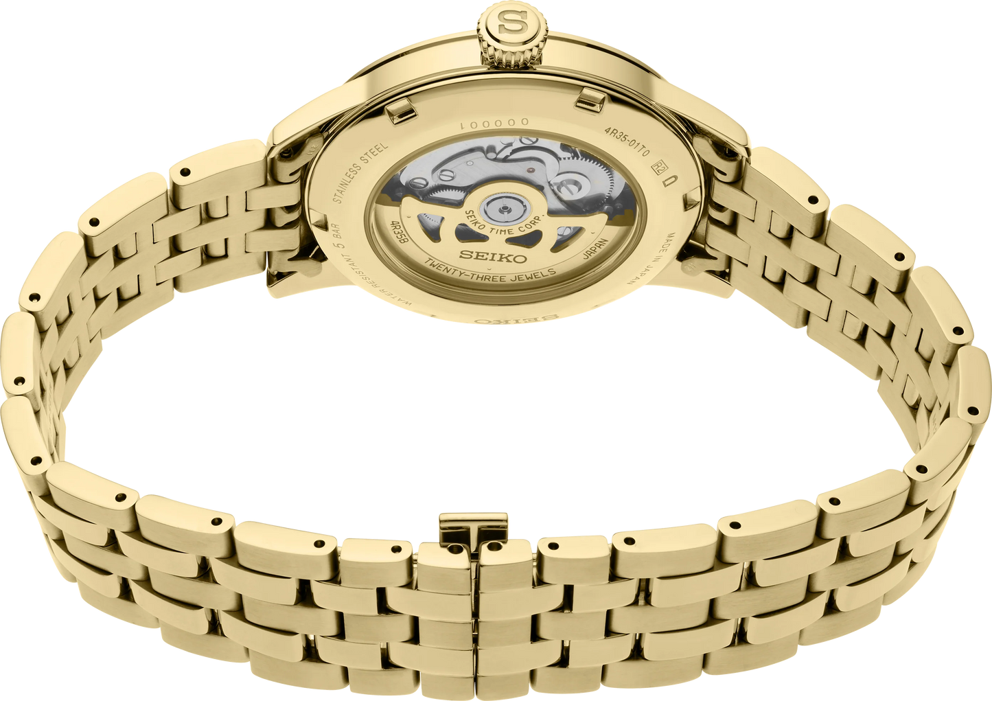 SEIKO Presage Cocktail Time U.S. Special Creation – gold-tone case and bracelet, brown and gold dial inspired by the Half and Half cocktail, automatic movement, and 50m water resistance.