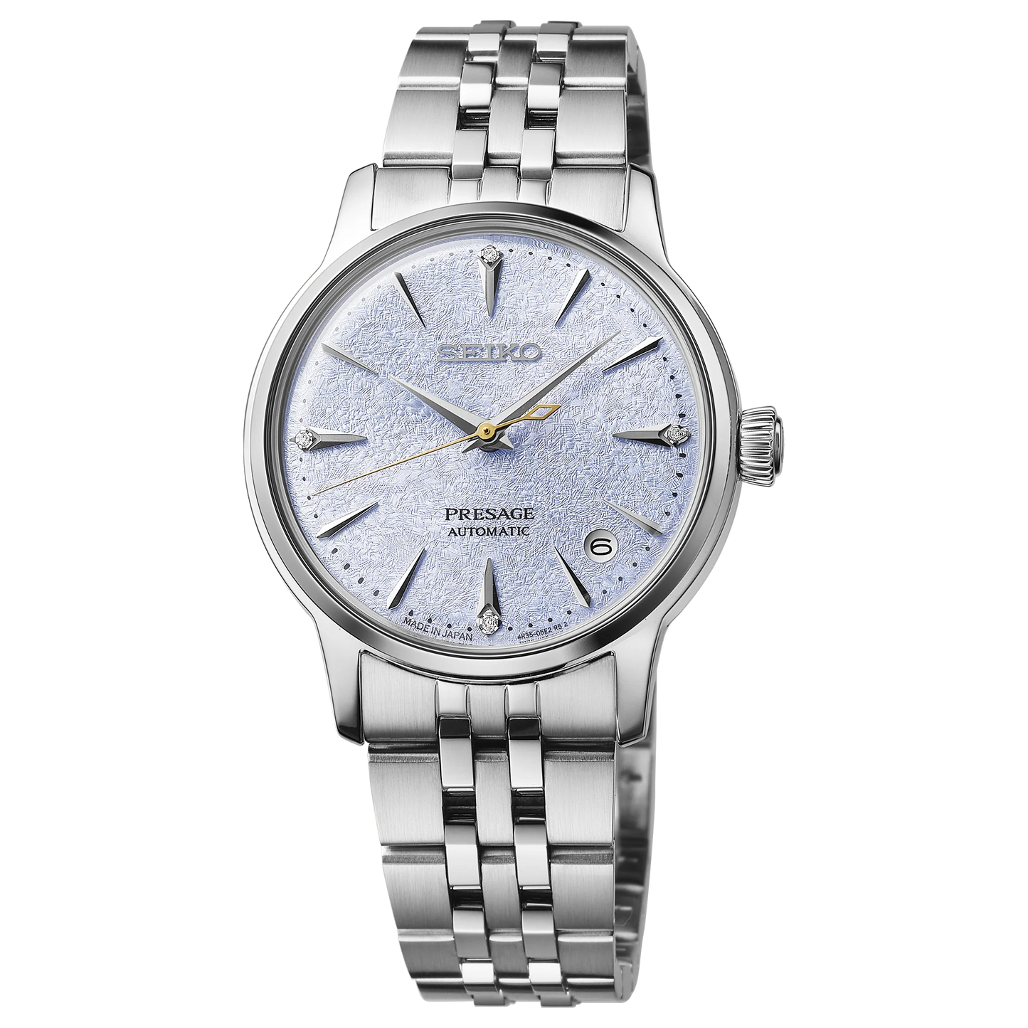 SEIKO Presage SRPL61 Cocktail Time – light blue ice-textured dial with four diamonds, stainless steel case and bracelet, automatic movement, and 50m water resistance