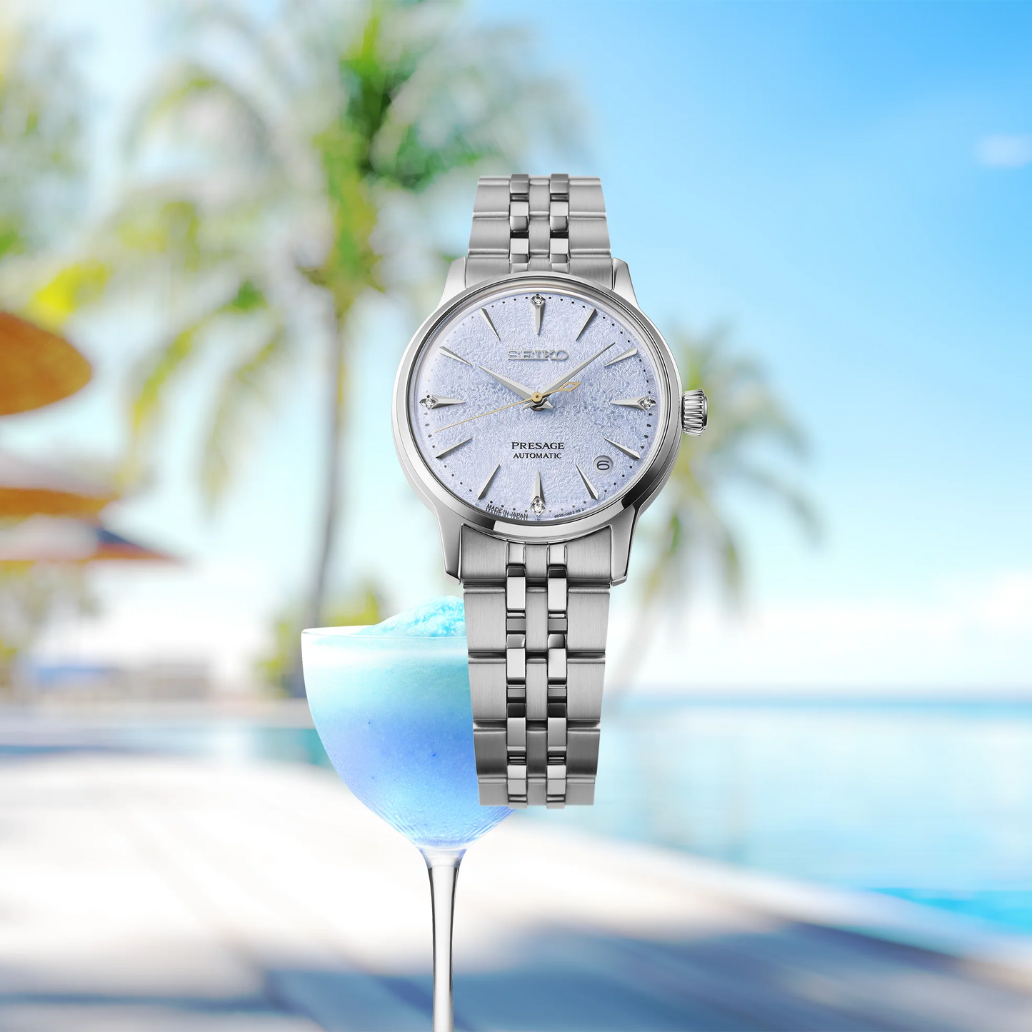 SEIKO Presage SRPL61 Cocktail Time – light blue ice-textured dial with four diamonds, stainless steel case and bracelet, automatic movement, and 50m water resistance