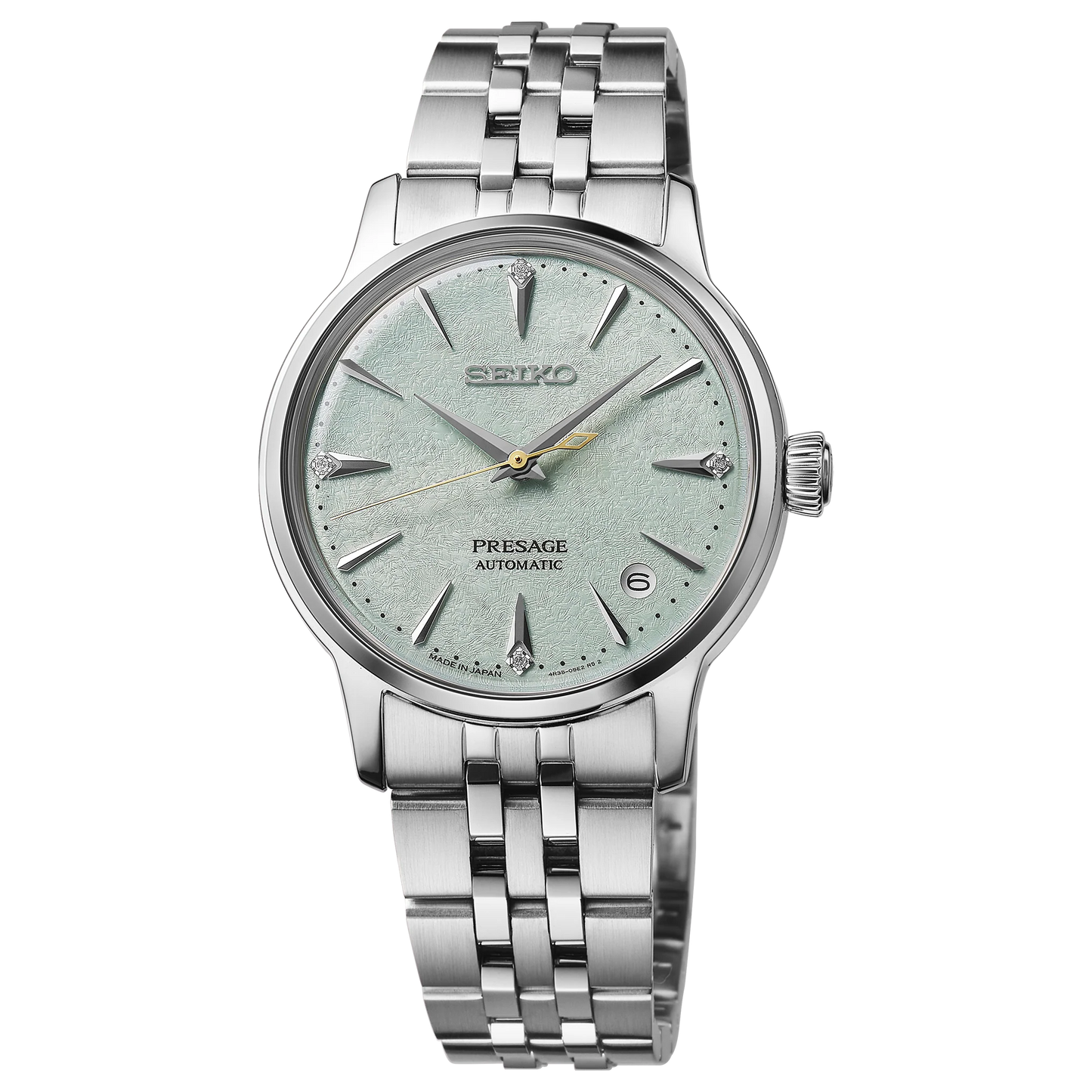 SEIKO Presage SRPL63 Cocktail Time – light green ice-textured dial with four diamonds, stainless steel case and bracelet, automatic movement, and 50m water resistance.
