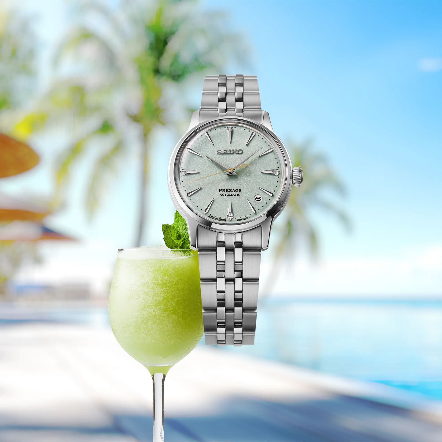 SEIKO Presage SRPL63 Cocktail Time – light green ice-textured dial with four diamonds, stainless steel case and bracelet, automatic movement, and 50m water resistance.