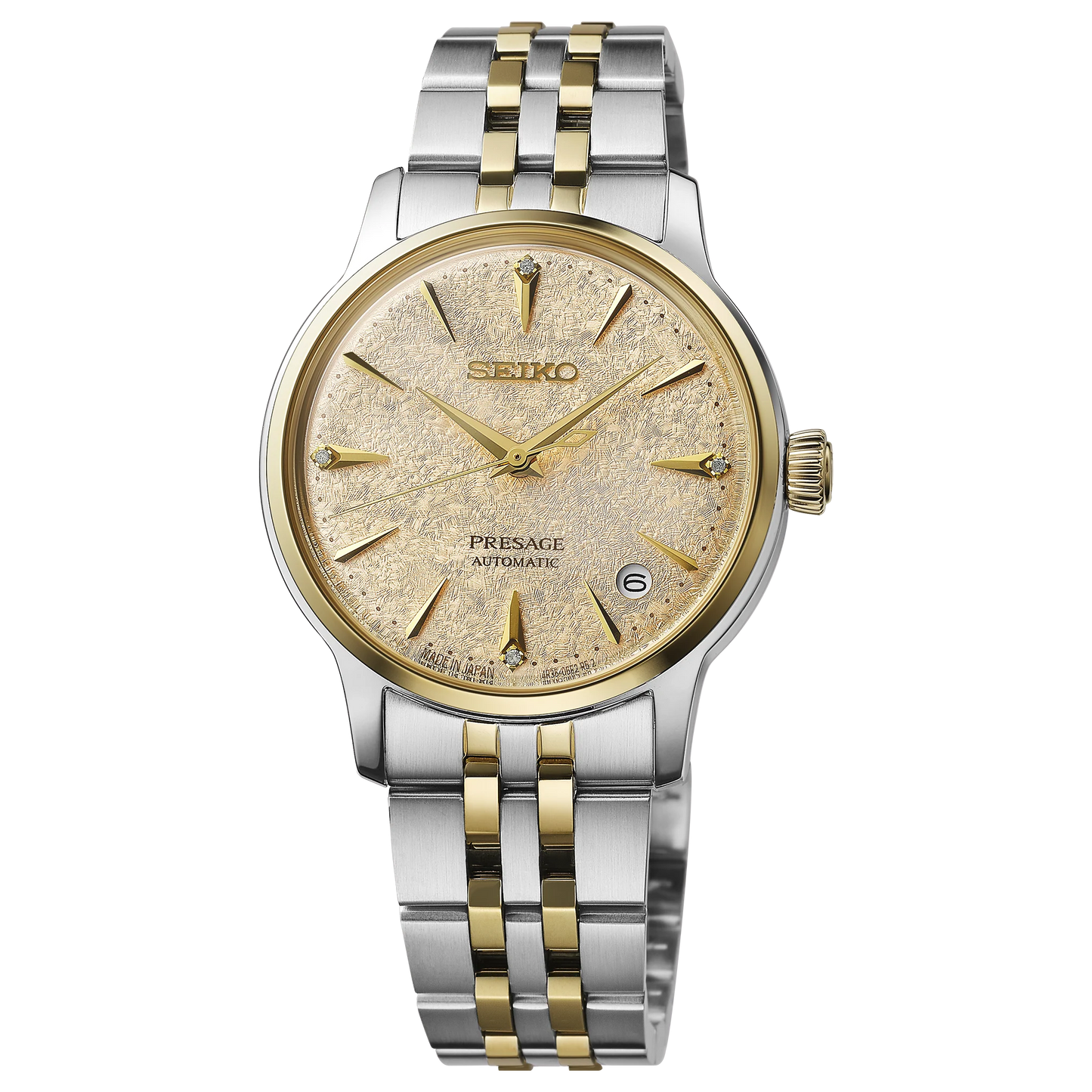SEIKO Presage SRPL64 Cocktail Time – champagne ice-textured dial with four diamonds, two-tone stainless steel and gold finish, automatic movement, and 50m water resistance
