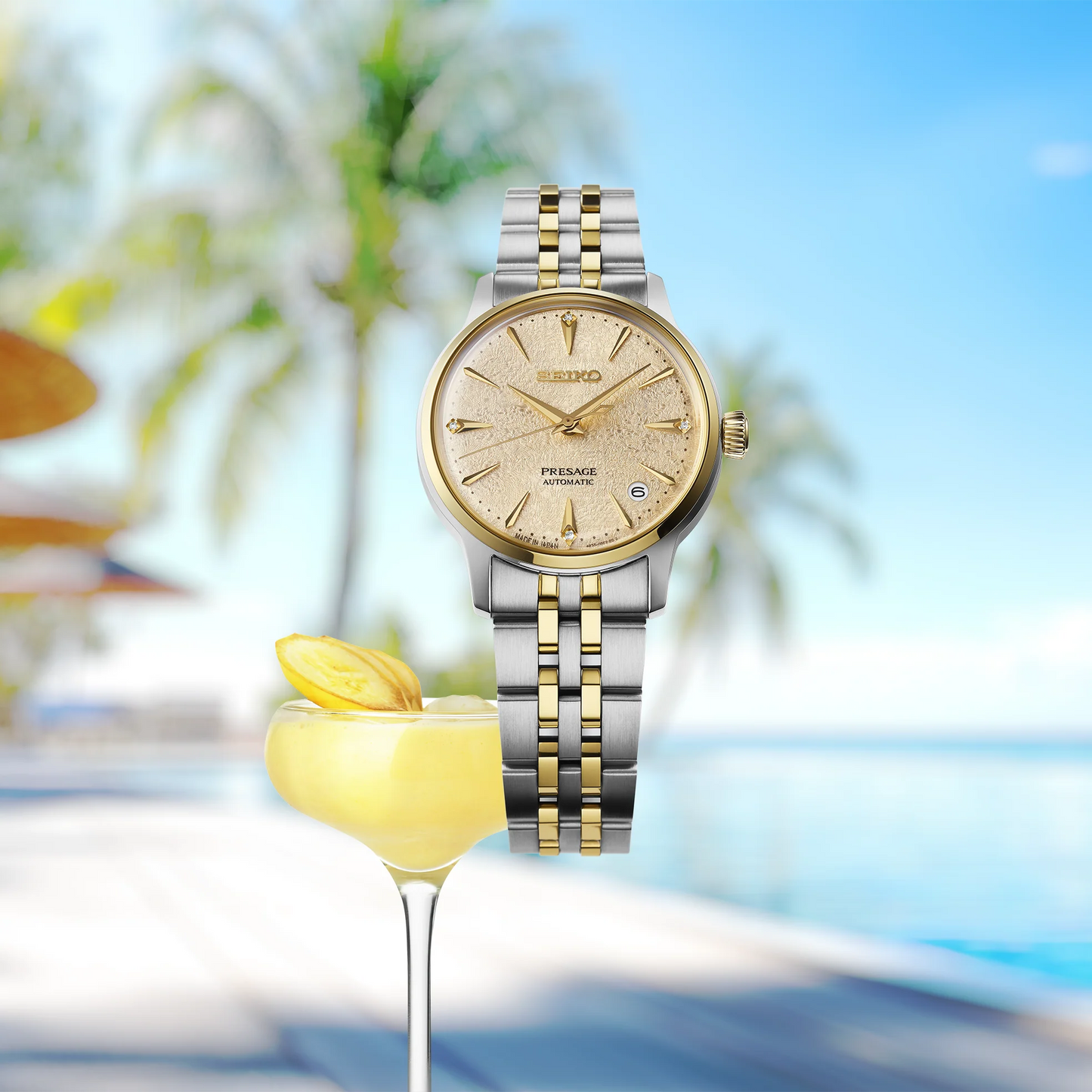 SEIKO Presage SRPL64 Cocktail Time – champagne ice-textured dial with four diamonds, two-tone stainless steel and gold finish, automatic movement, and 50m water resistance