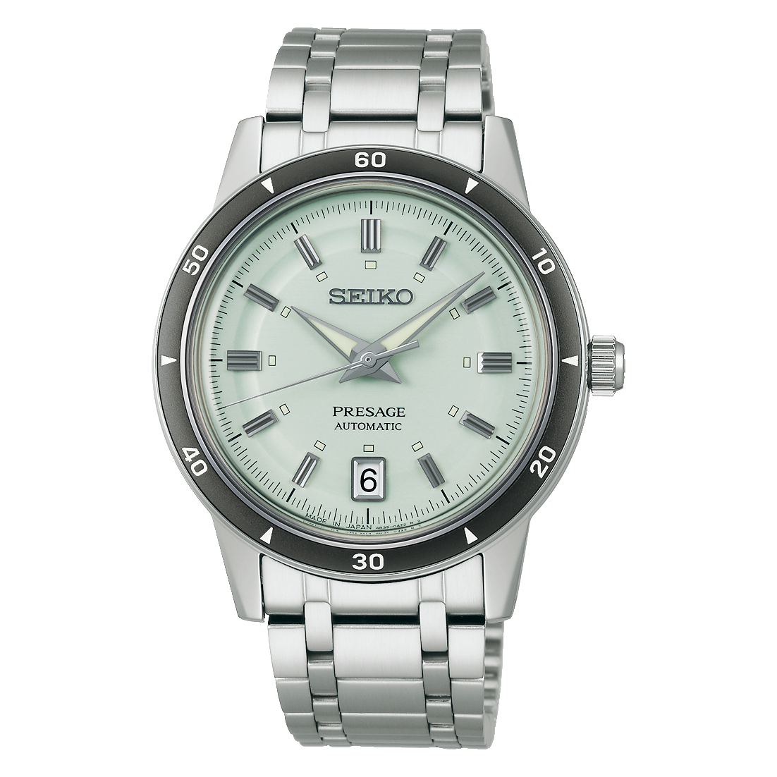 Seiko Presage SRPL71 Style60’s – mint-green dial automatic watch with vintage-inspired design, box Hardlex crystal, see-through caseback, and 41-hour power reserve.