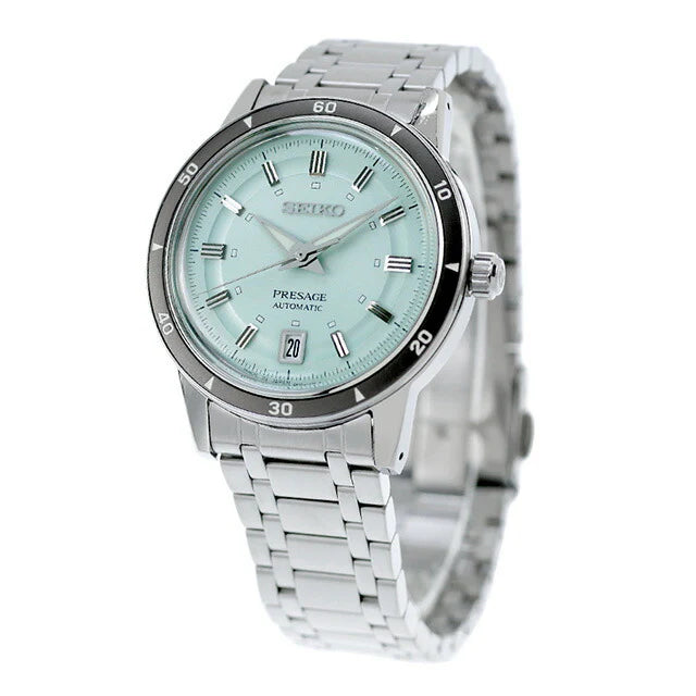 Seiko Presage SRPL71 Style60’s – mint-green dial automatic watch with vintage-inspired design, box Hardlex crystal, see-through caseback, and 41-hour power reserve.