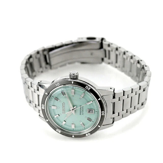 Seiko Presage SRPL71 Style60’s – mint-green dial automatic watch with vintage-inspired design, box Hardlex crystal, see-through caseback, and 41-hour power reserve.