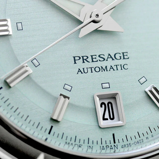 Seiko Presage SRPL71 Style60’s – mint-green dial automatic watch with vintage-inspired design, box Hardlex crystal, see-through caseback, and 41-hour power reserve.