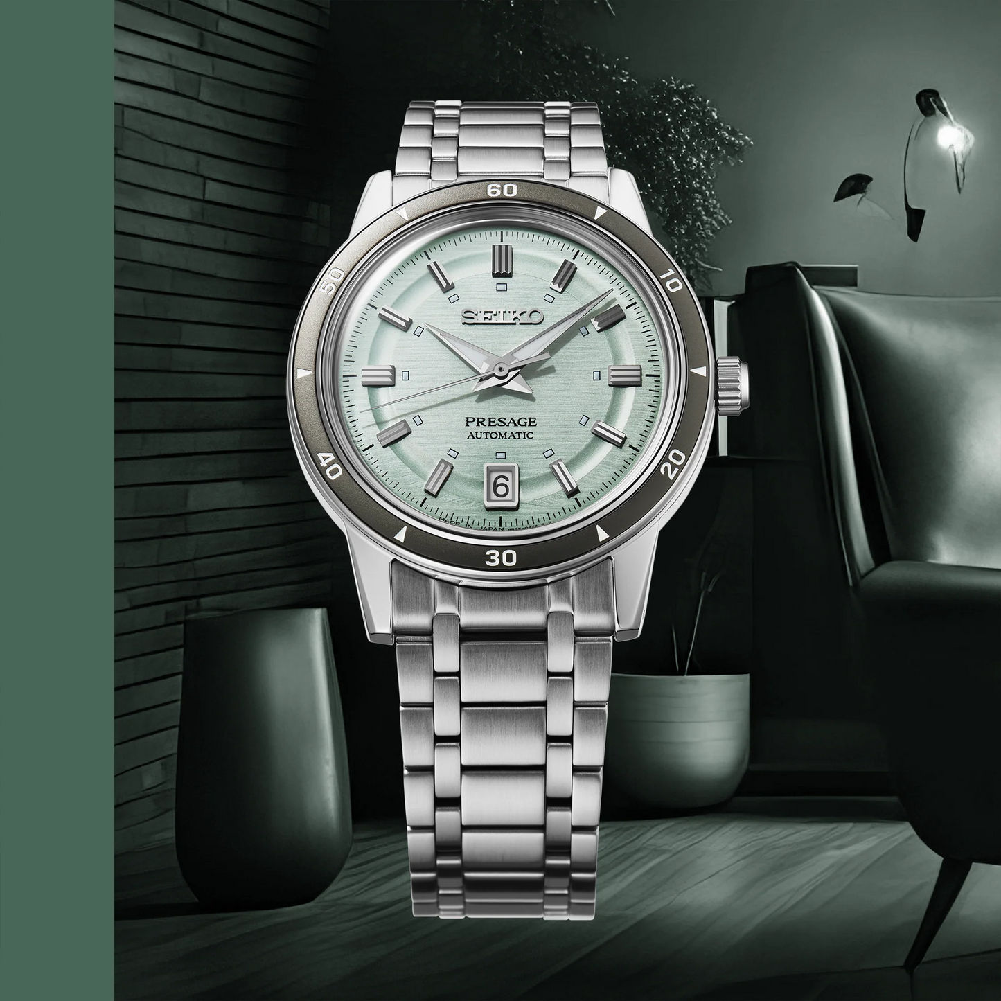Seiko Presage SRPL71 Style60’s – mint-green dial automatic watch with vintage-inspired design, box Hardlex crystal, see-through caseback, and 41-hour power reserve.