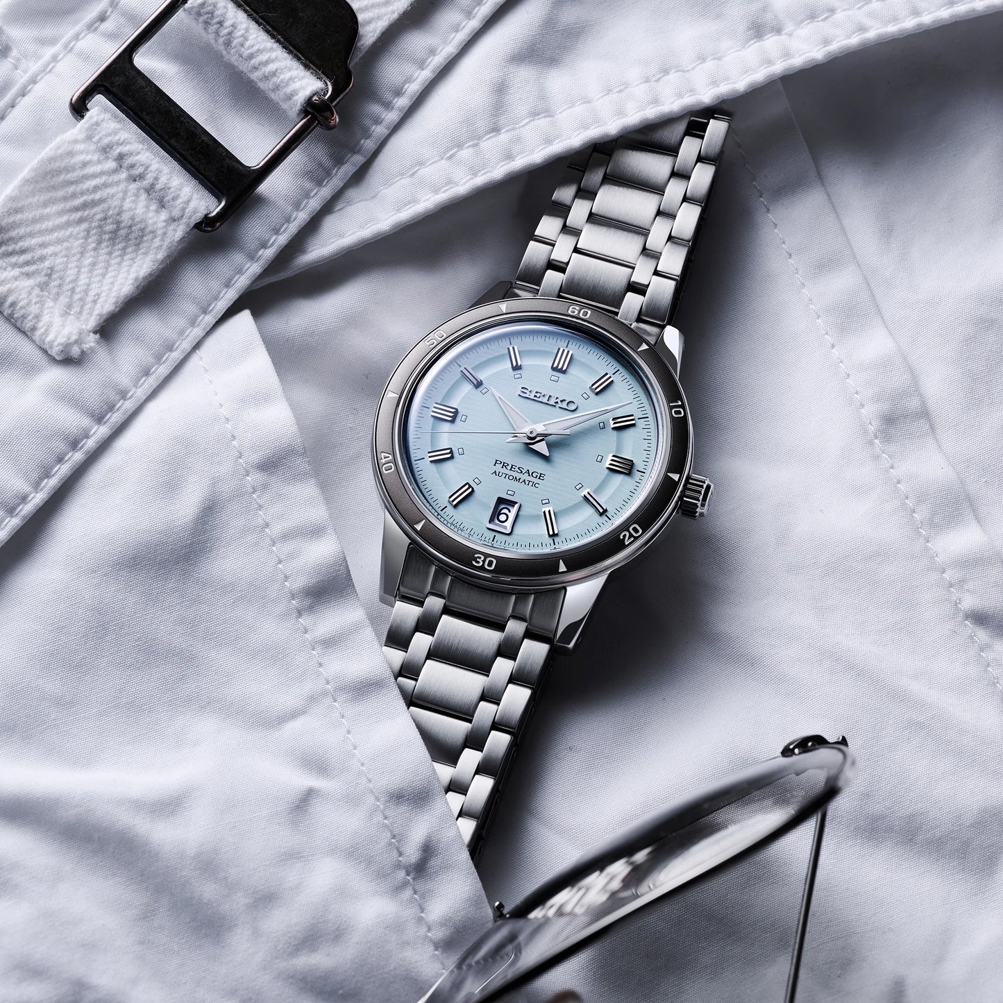 Seiko Presage SRPL71 Style60’s – mint-green dial automatic watch with vintage-inspired design, box Hardlex crystal, see-through caseback, and 41-hour power reserve.