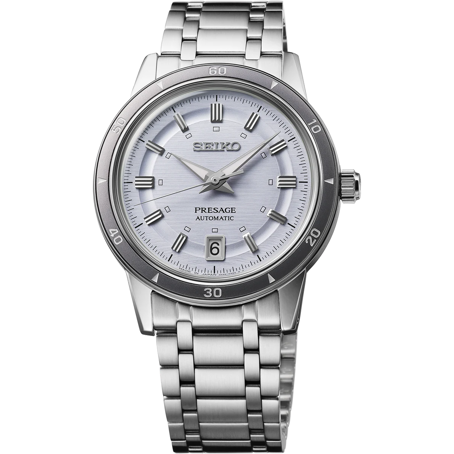 Seiko Presage SRPL73 Style60’s – silver‑violet dial automatic watch inspired by the 1964 Crown Chronograph, with box Hardlex crystal, see‑through caseback, and 41‑hour power reserve.