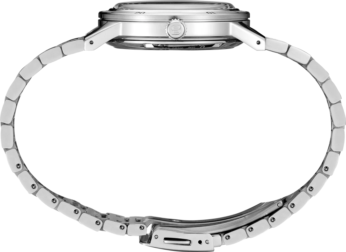 Seiko Presage SRPL73 Style60’s – silver‑violet dial automatic watch inspired by the 1964 Crown Chronograph, with box Hardlex crystal, see‑through caseback, and 41‑hour power reserve.