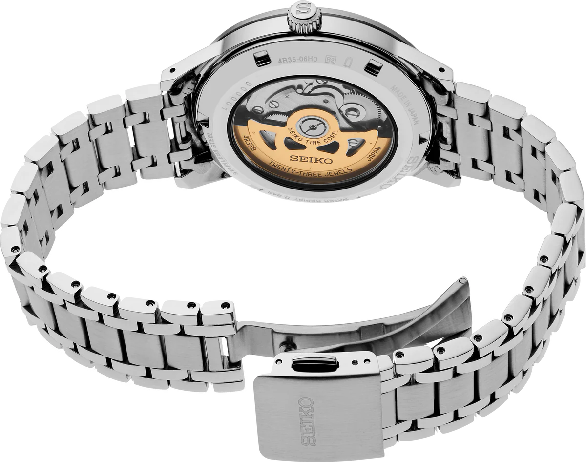 Seiko Presage SRPL73 Style60’s – silver‑violet dial automatic watch inspired by the 1964 Crown Chronograph, with box Hardlex crystal, see‑through caseback, and 41‑hour power reserve.