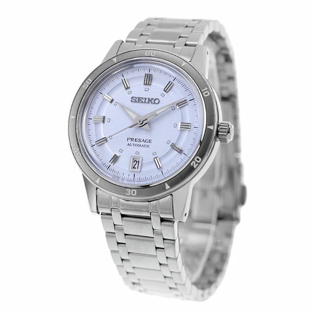 Seiko Presage SRPL73 Style60’s – silver‑violet dial automatic watch inspired by the 1964 Crown Chronograph, with box Hardlex crystal, see‑through caseback, and 41‑hour power reserve.