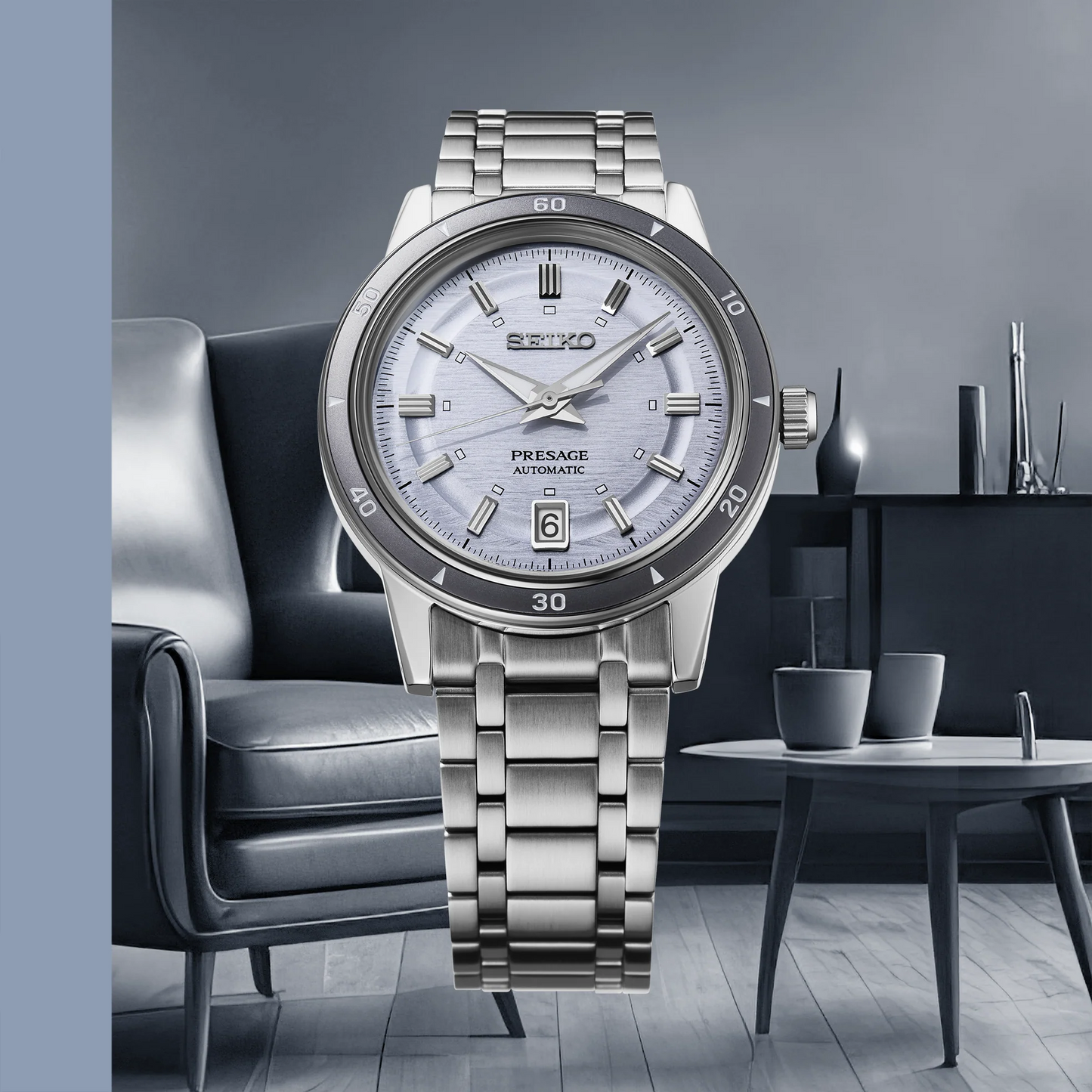 Seiko Presage SRPL73 Style60’s – silver‑violet dial automatic watch inspired by the 1964 Crown Chronograph, with box Hardlex crystal, see‑through caseback, and 41‑hour power reserve.