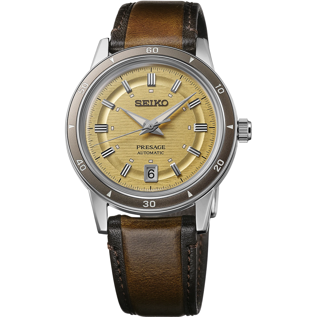 Seiko Presage SRPL75 Style60’s – golden dial automatic watch inspired by 1960s design, with box Hardlex crystal, see‑through caseback, brown leather strap, and 41‑hour power reserve.”