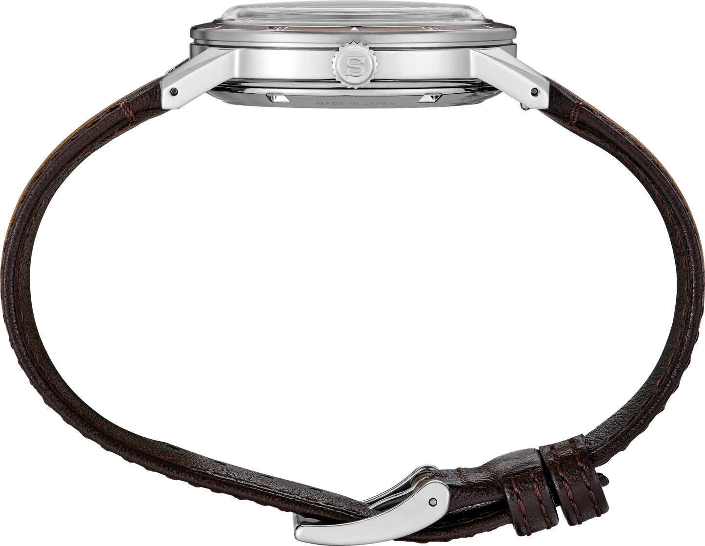 Seiko Presage SRPL75 Style60’s – golden dial automatic watch inspired by 1960s design, with box Hardlex crystal, see‑through caseback, brown leather strap, and 41‑hour power reserve.”