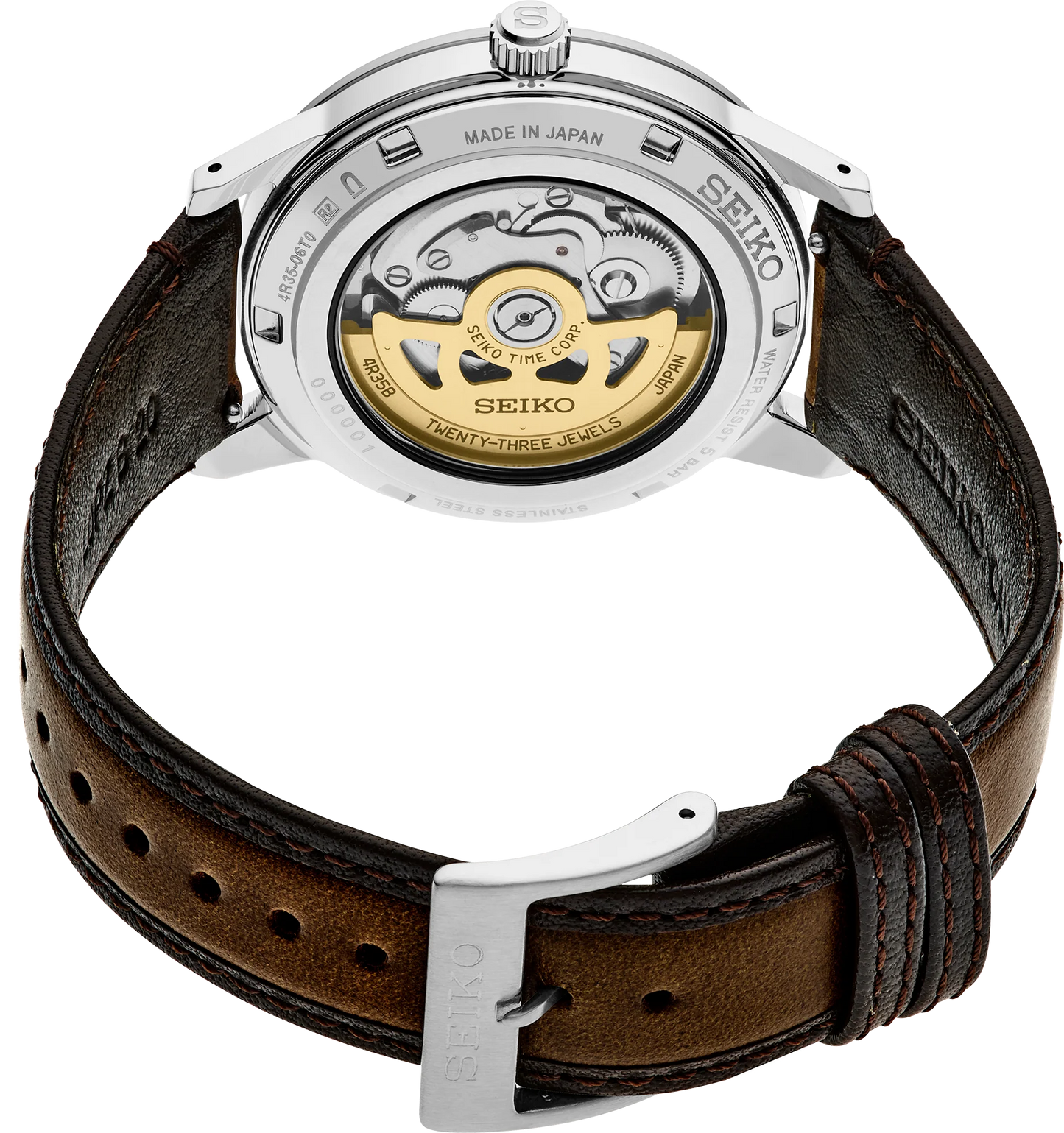 Seiko Presage SRPL75 Style60’s – golden dial automatic watch inspired by 1960s design, with box Hardlex crystal, see‑through caseback, brown leather strap, and 41‑hour power reserve.”