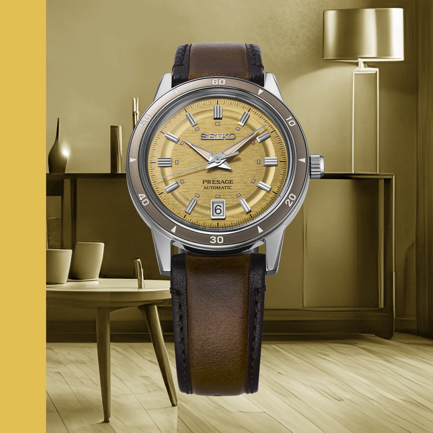 Seiko Presage SRPL75 Style60’s – golden dial automatic watch inspired by 1960s design, with box Hardlex crystal, see‑through caseback, brown leather strap, and 41‑hour power reserve.”