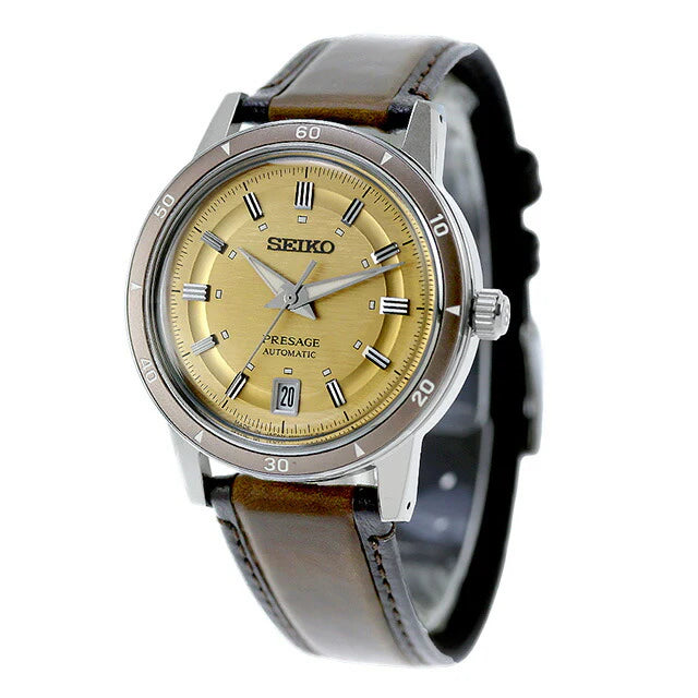 Seiko Presage SRPL75 Style60’s – golden dial automatic watch inspired by 1960s design, with box Hardlex crystal, see‑through caseback, brown leather strap, and 41‑hour power reserve.”